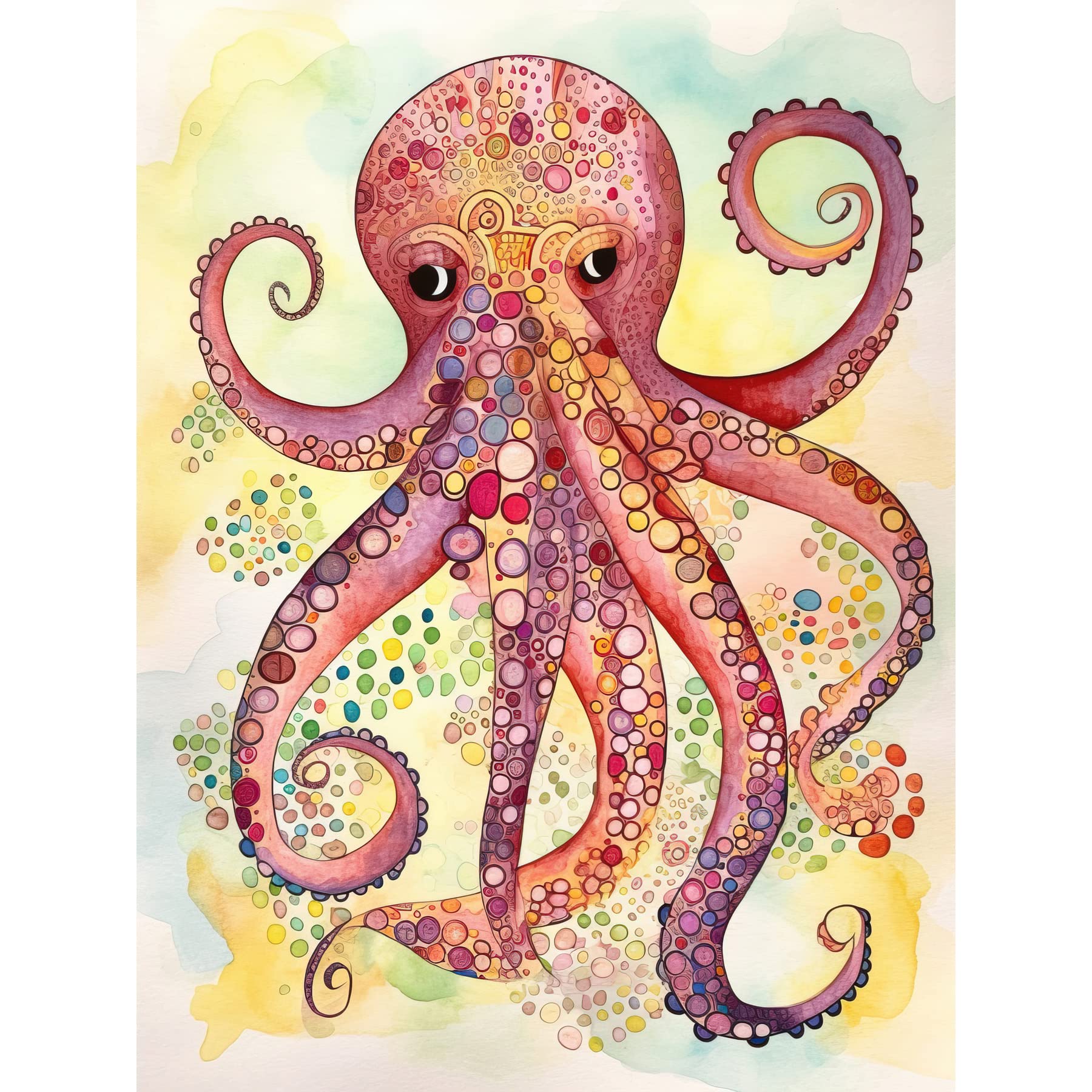 Artery8 Octopus Portrait Bright Folk Art Watercolour Painting Large Wall Art Poster Print Thick Paper 18X24 Inch