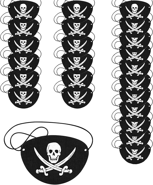 NiCoLa Pirate Eye Patches 24PCS Felt Pirate Eye Patch for Kids, Black Pirate Eye Patches with Skull Pattern for Halloween Pirate Theme Party Costume Props