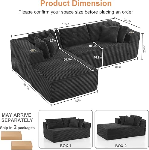 Miniatura 2 de Sofá modular Cloud de 3 plazas en forma de L, cómodo y moderno con portavasos, soporte ergonómico y combinación gratuita para apartamento para sala