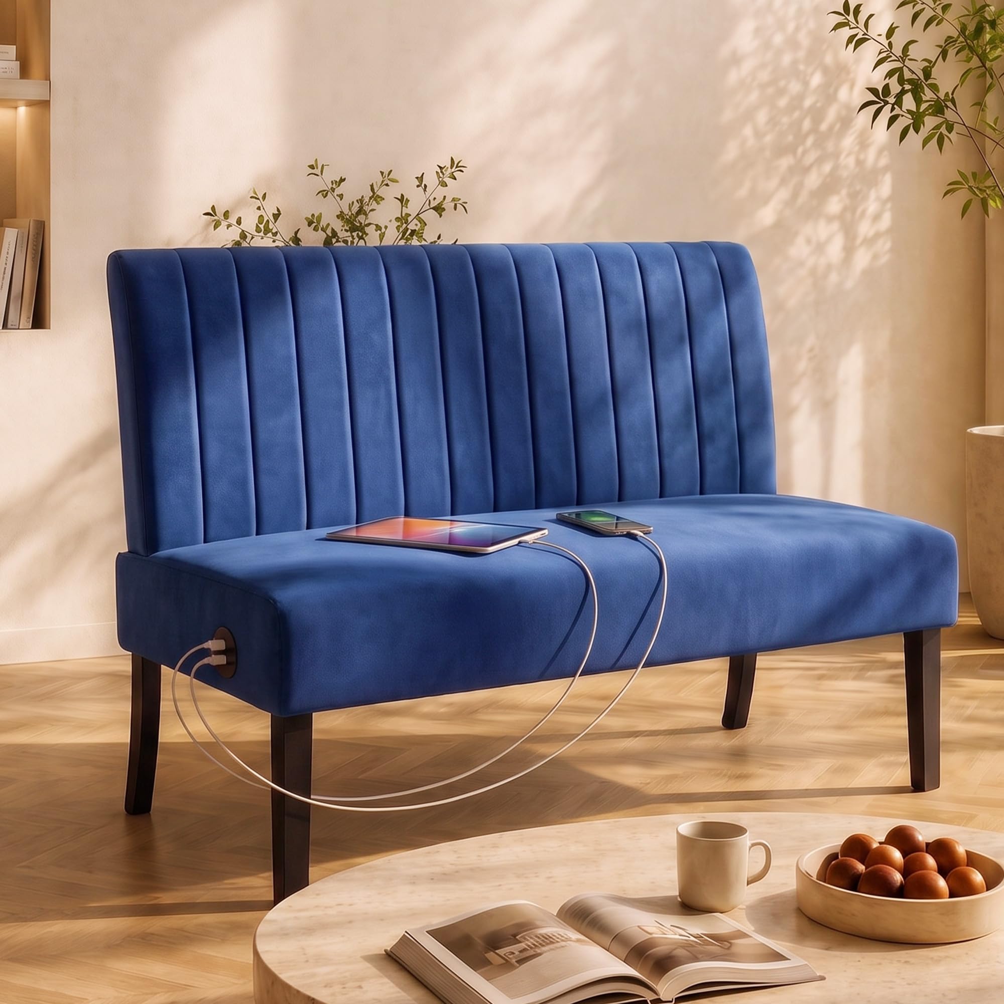 STHOUYN Navy Blue Velvet Armless Loveseat with USB