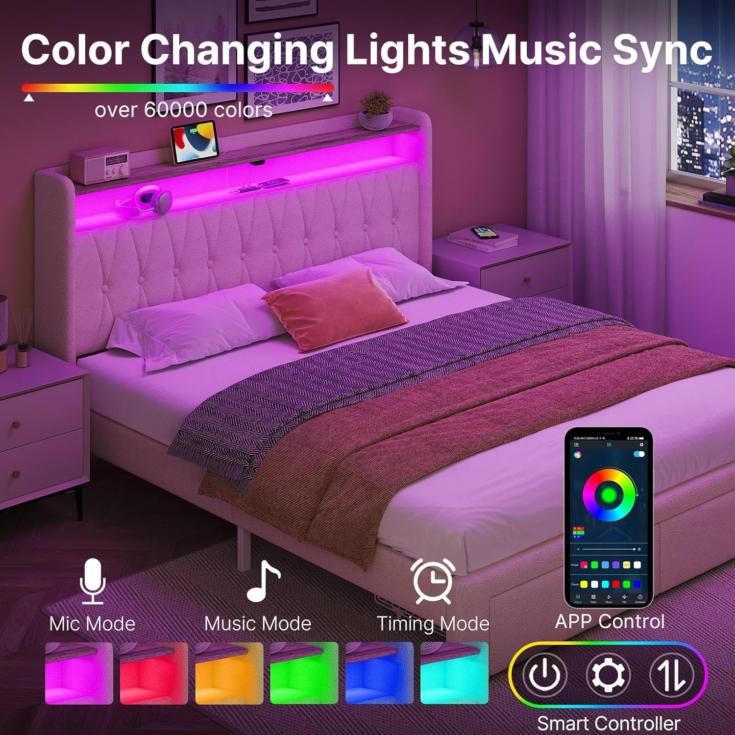 Image showing the GREENSTELL bed frame with its headboard LED lights illuminated in various colors, demonstrating color changing, music sync, and app control features. A smartphone screen displays the control interface.