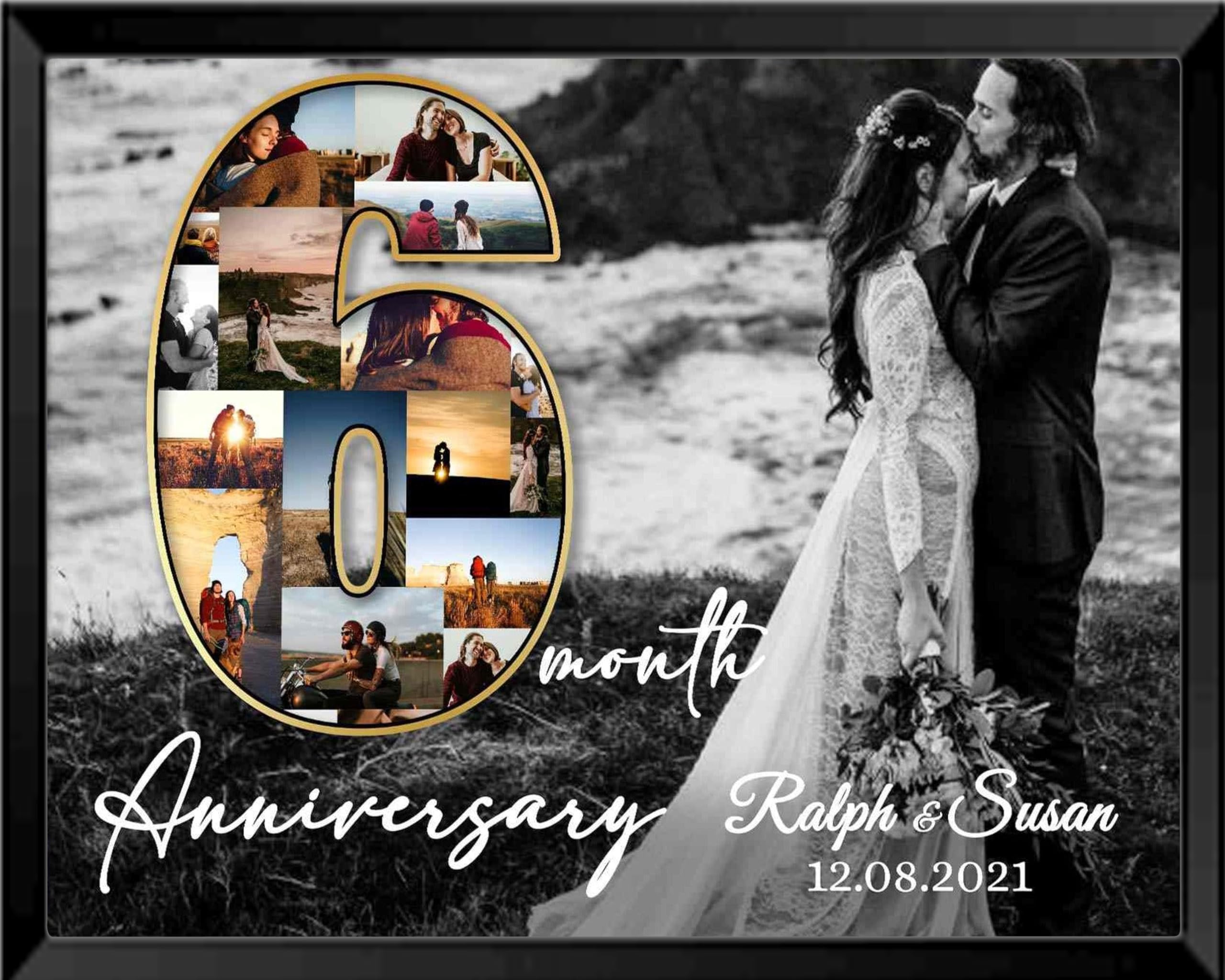 Heart Beat 6 Month Anniversary, Custom Number Photo Collage, Framed Poster, (8 x 12 Inch)-image-3