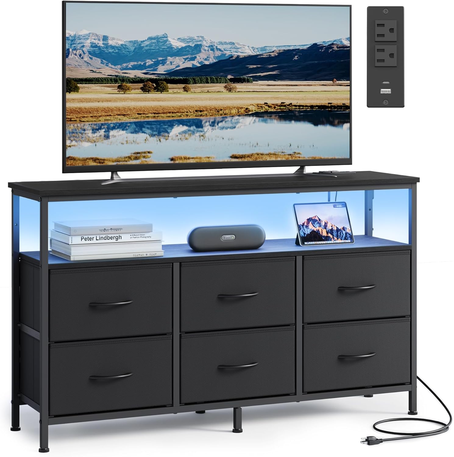 SONGMICS BELLAH Collection - Dresser for Bedroom, Chest of Drawers, TV Stand for TVs Up to 55 Inches, Living Room, Closet, 6 Drawers and 1 Shelf, Modern, Ink Black ULGS833BH02S