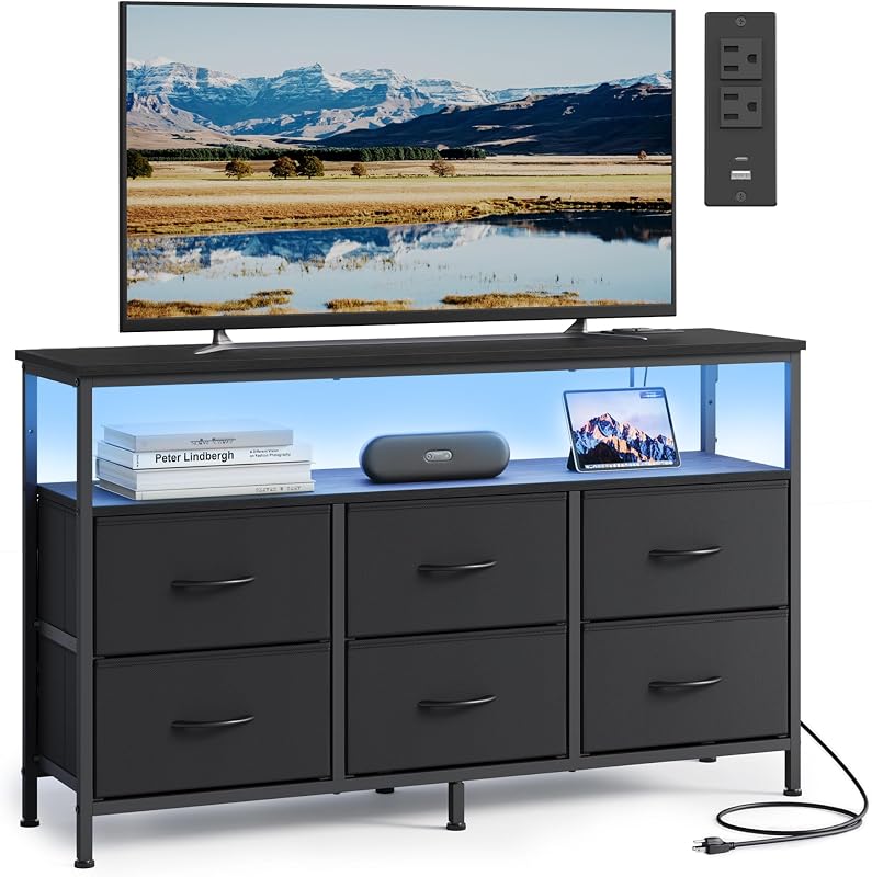 SONGMICS Dresser for Bedroom, Wide Dresser with 6 Drawers & Open Shelf