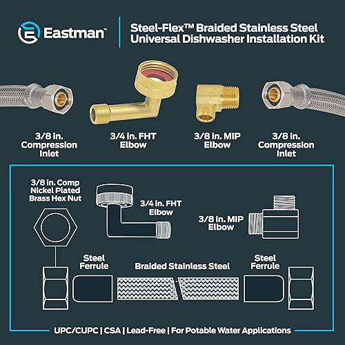 Miniatura 6 de Eastman Kit de instalación para lavavajillas, compresión de 38 pulgadas, codo MIP de 38 pulgadas, codo FHT de 34 pulgadas, conectores trenzados de