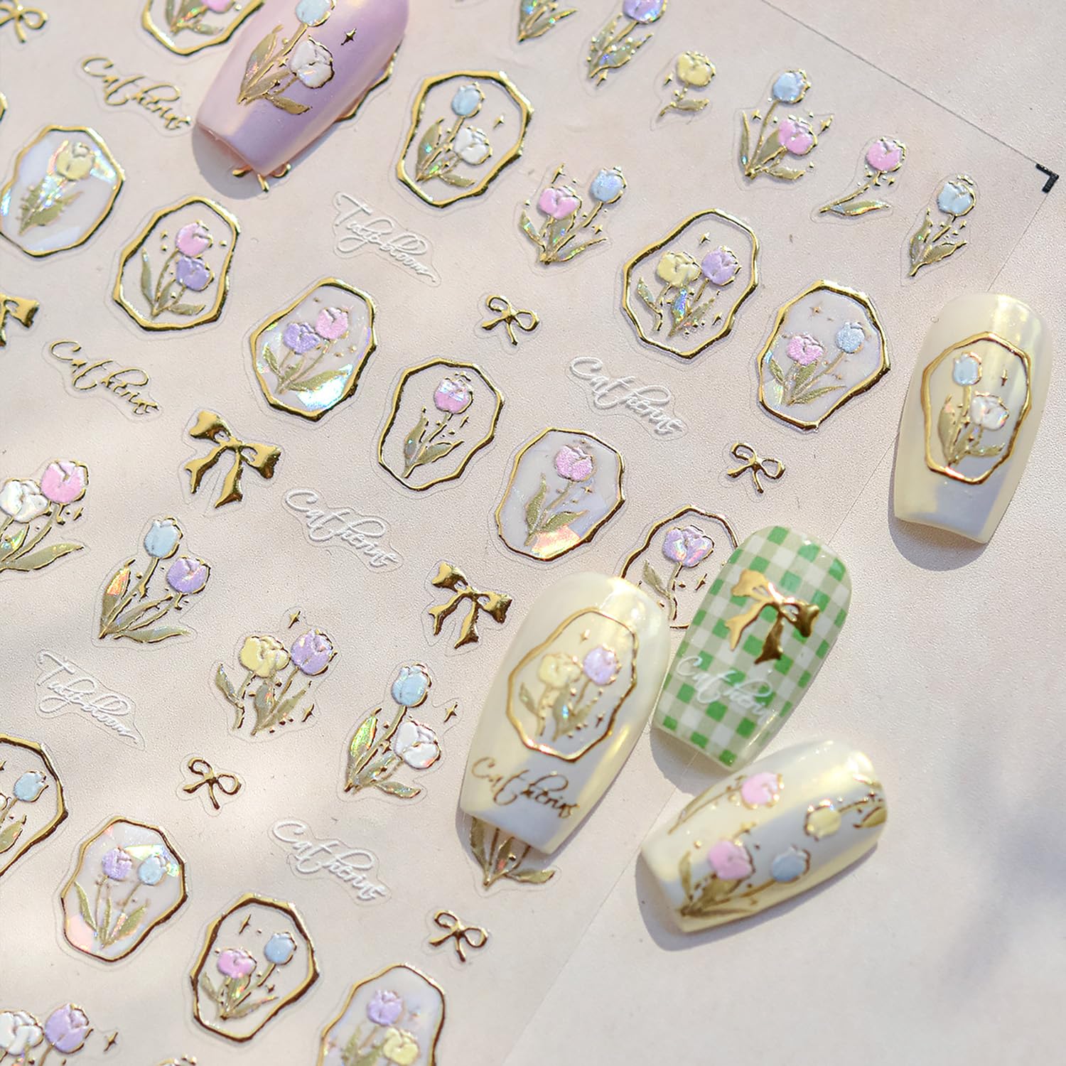 5D Embossed Bow Nail Art Stickers Gold Trimming Flower Nail Art Decals Blue White Tulips Nail Decals Spring Flower Nail Design Stickers Silver Letter