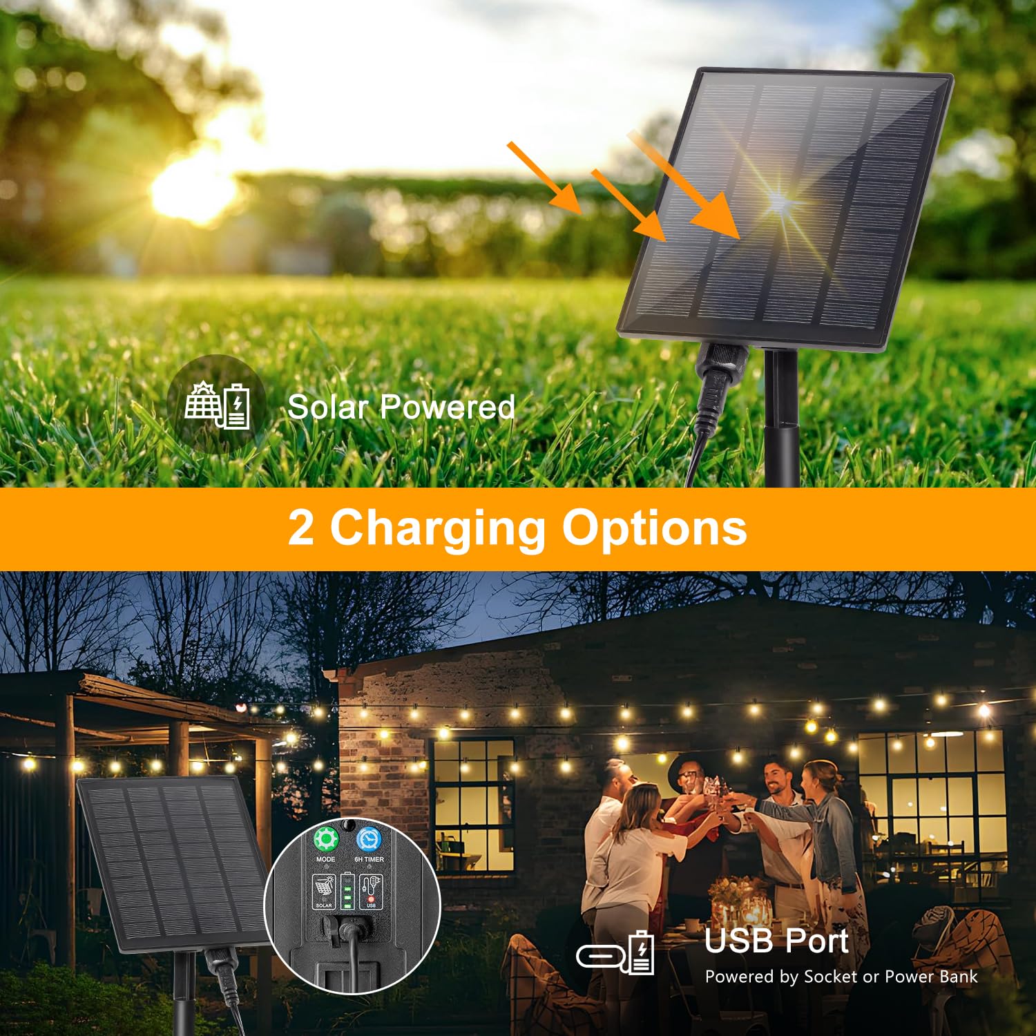 Cadena de luces solares de 15 m para exteriores con 25 + 1 bombillas LED G40, cadena de luces para exteriores, resistente a la intemperie con USB / método de carga solar, 8 modos, IP65