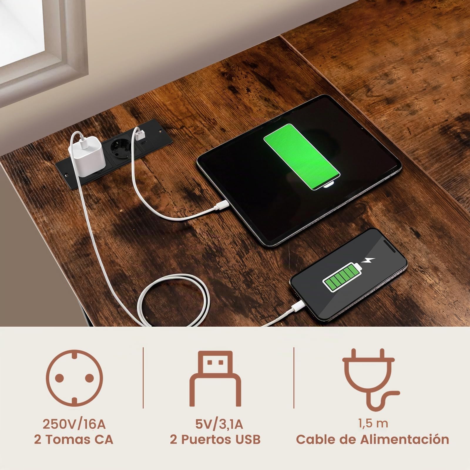 COSTWAY Escritorio Esquinero 120 x 120cm, Tomas de Corriente y Puertos USB, Escritorio en L con 2 Estantería, Estructura de Metal, Mesa Gaming L Oficina Casa (café)