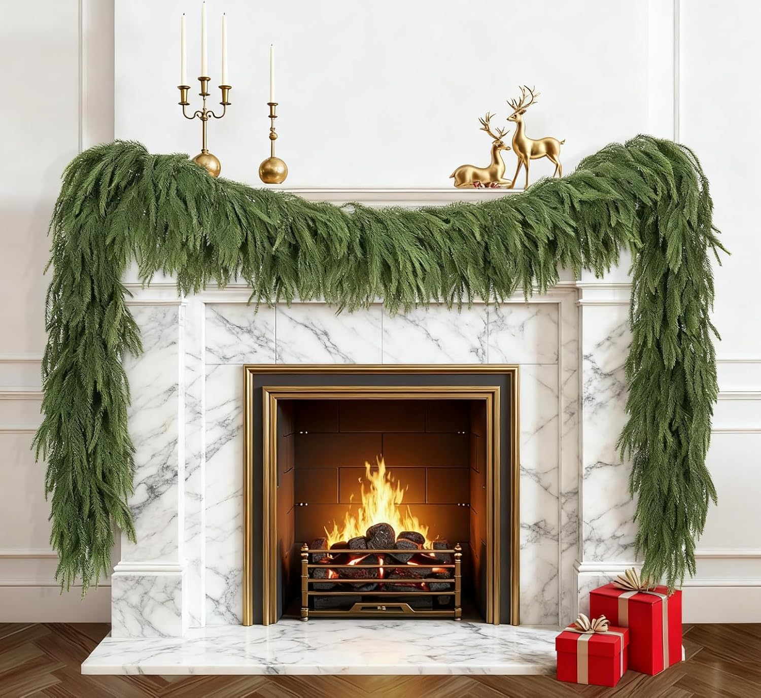 12FT Artificial Christmas Norfolk Pine Garlands, Christma Real Touch Winter Pine Garland, Greenery Garland for Table Wall Fireplace Mantle Outdoor Christmas Decoration