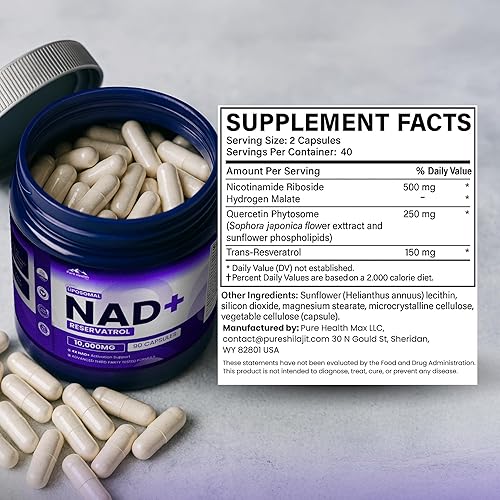 Miniatura 9 de PHM NAD Resveratrol Supplement - 10,000MG Extra Strength  NAD+ Liposomal Supplements for Men and Women  NMN & NMNH Alternative  90 Capsules, 3