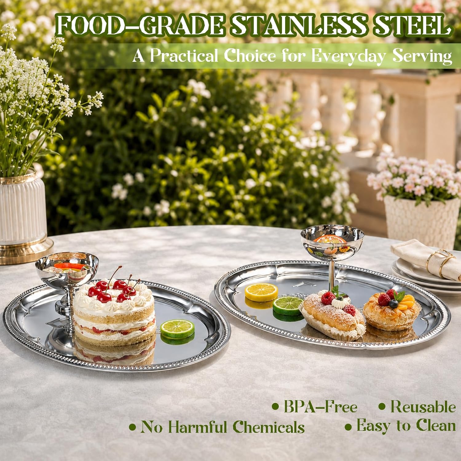 4 Pack Silver Serving Trays, 15.7 x 11.8 Inch Oval Stainless Steel