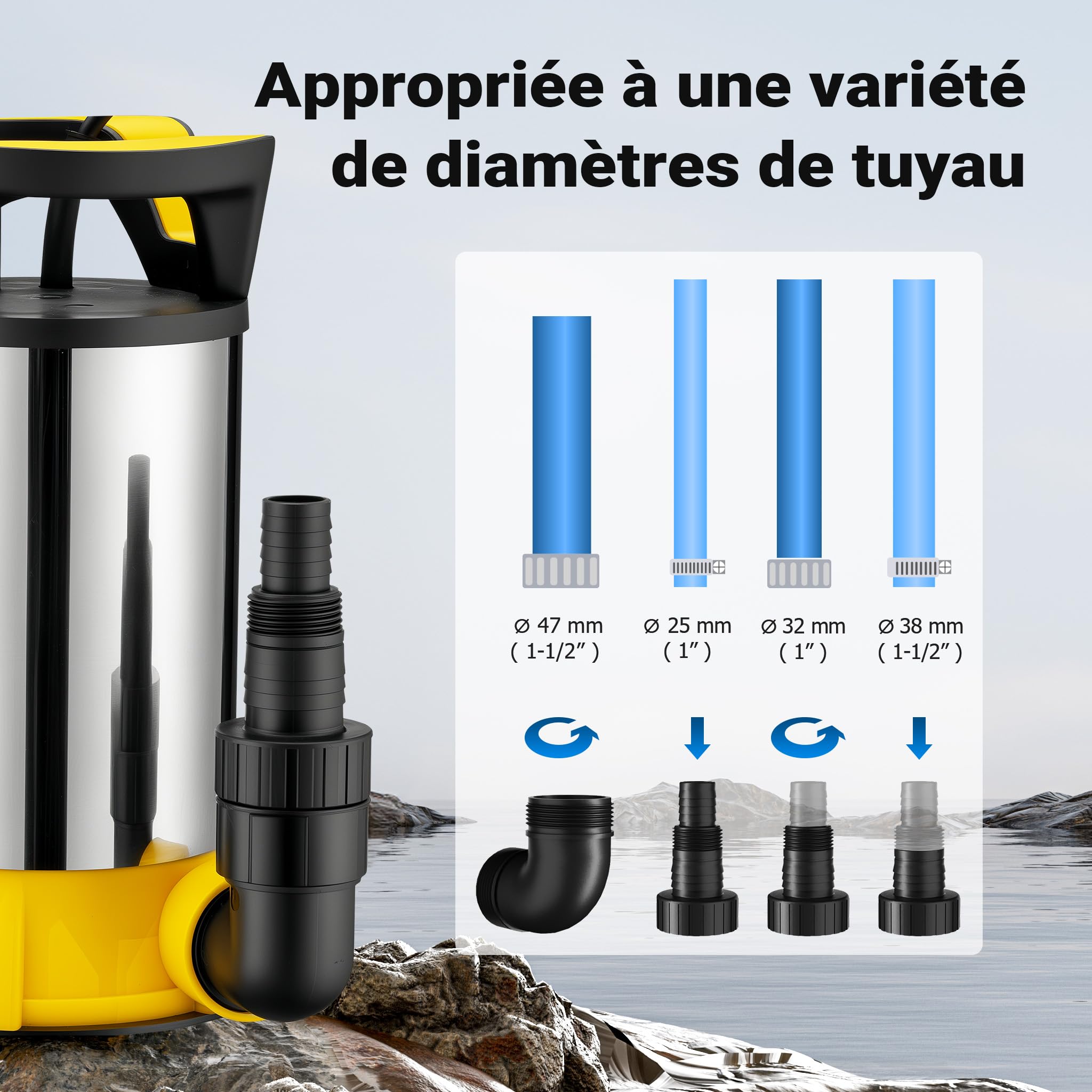 Wiltec 3-in-1 dompelpomp met vlotter 550 W, rvs vuilwaterpomp 12500 l/u, vlakzuiger met verschillende onderkanten, aanzuigpomp voor kelder, tuinwaterpomp drainagepomp