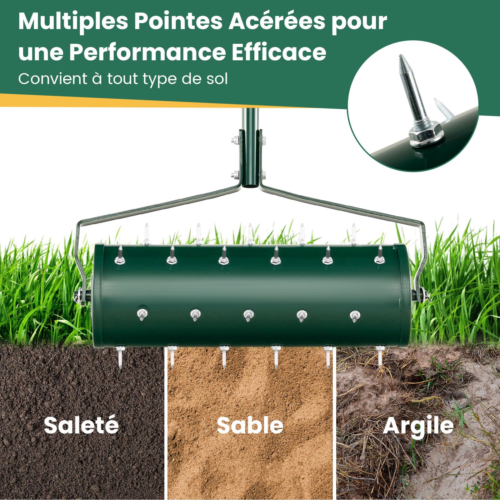 RELAX4LIFE Scarificateur Gazon Manuel 53CM avec Poignée &Rouleau à Pointes Rotatives, Rouleau Aérateur Gazon de Pelouse en Métal pour Jardin Cour Patio (6.8L | 53x130CM, Vert)