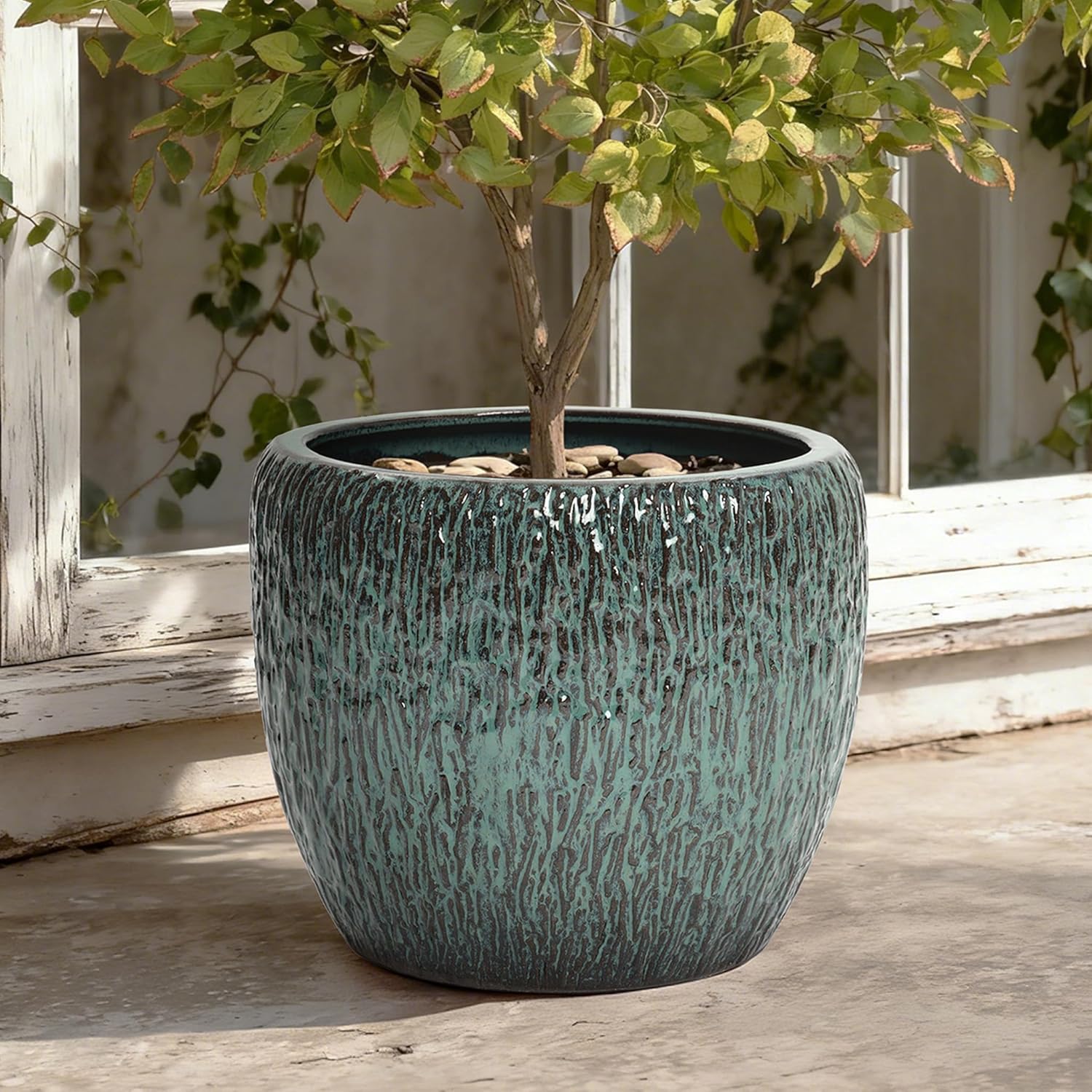 LuxenHome 14" Dia Antique Green Round Planter Pots, Large Ceramic Pots for Plants, Indoor Outdoor Plant Pot with Drainage Hole and Rubber Plug, Modern Glazed Flower Pot for Home Patio Garden