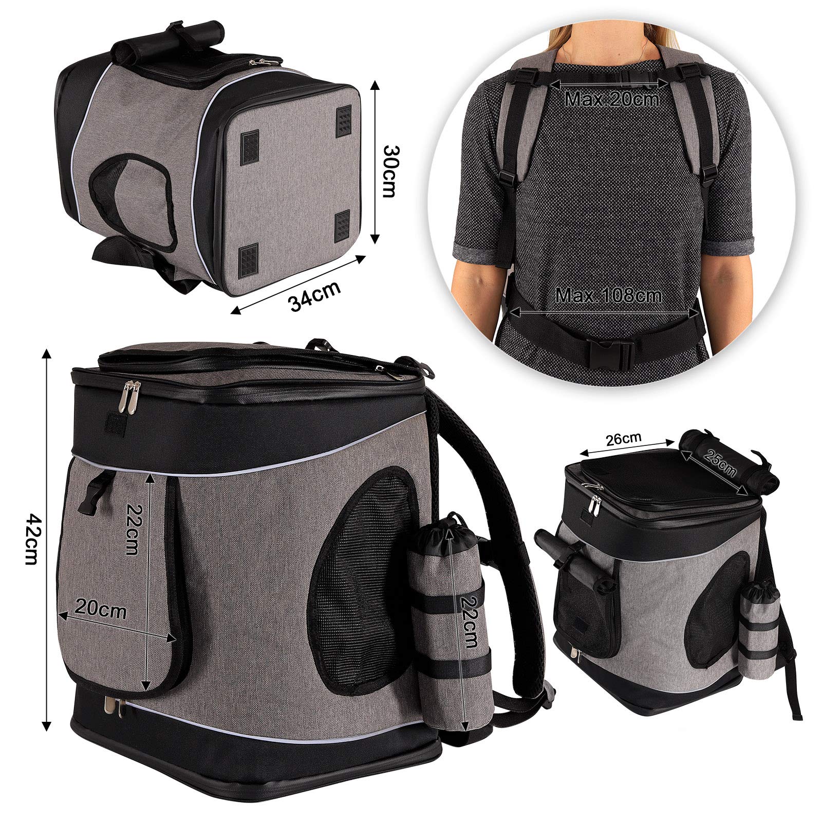 lionto Hunderucksack faltbar für unterwegs, 34x30x42 cm, aus robustem Oxford-Stoff & Netzgewebe, Wasserabweisende Katzentransportbox mit Flaschenhalter & Kissen für Haustiere bis 10kg, grau/schwarz