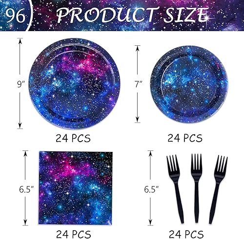 Vista 2 de Space Galaxy Party Supplies - Juego de vajilla para decoración de fiesta de cumpleaños del espacio exterior, noche estrellada, planeta, sistema