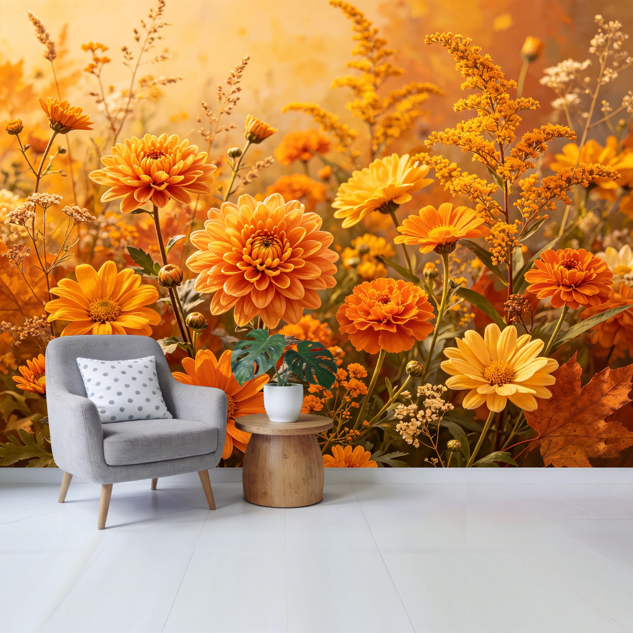 Qzlithotic Yq2605250732 Custom Size Wall Mural Golden Autumn Chrysanthemum Flowers Botanical Watercolor Selfadhesive Wall Fabric Removable Wallpaper For Home Office Decor