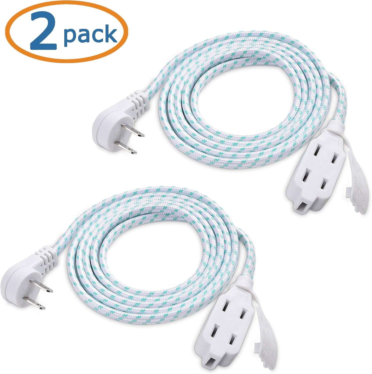 Cable Matters 2 Pack Premium Braided 3 Outlet Flat Extension Cord 2 Prong 6 ft with Low Profile Plug