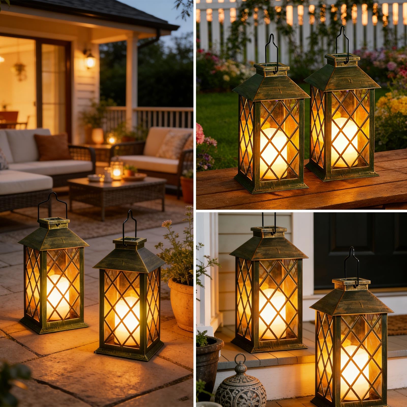 Joycome Farolillos Solares Exterior 2 Piezas Lampara Solar Exterior Jardin con Vela Parpadeante, Impermeable Decoración Terraza, Farol Solar para Jardin Mesa Terraza Valla Tumba y Regalos - Bronce