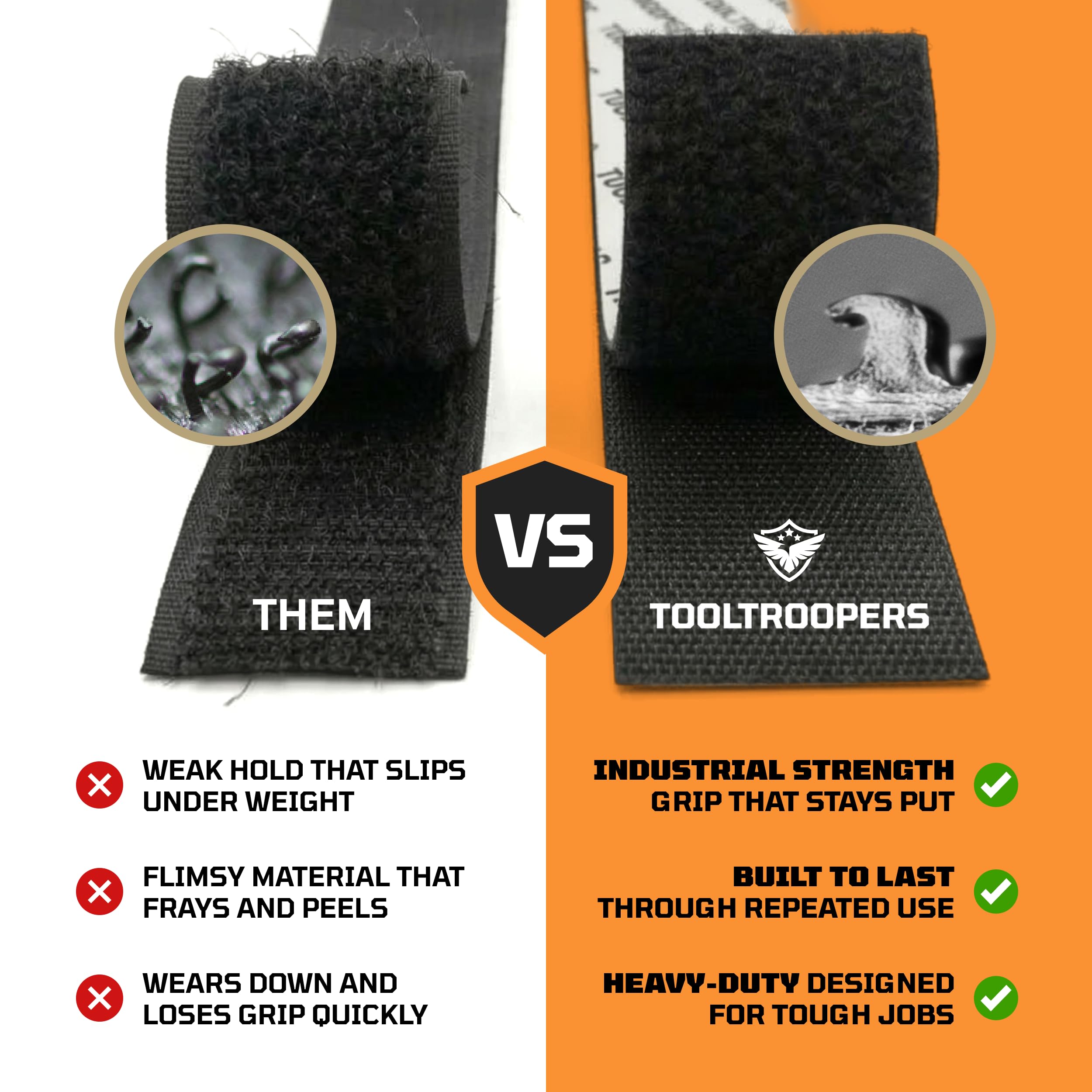 TOOLTROOPERS Cinta de montaje de gancho y bucle resistente, diseñada para uso extremo en exteriores con adhesivo extrafuerte, UV y resistente a la intemperie, soporta hasta 20 libras en ladrillo