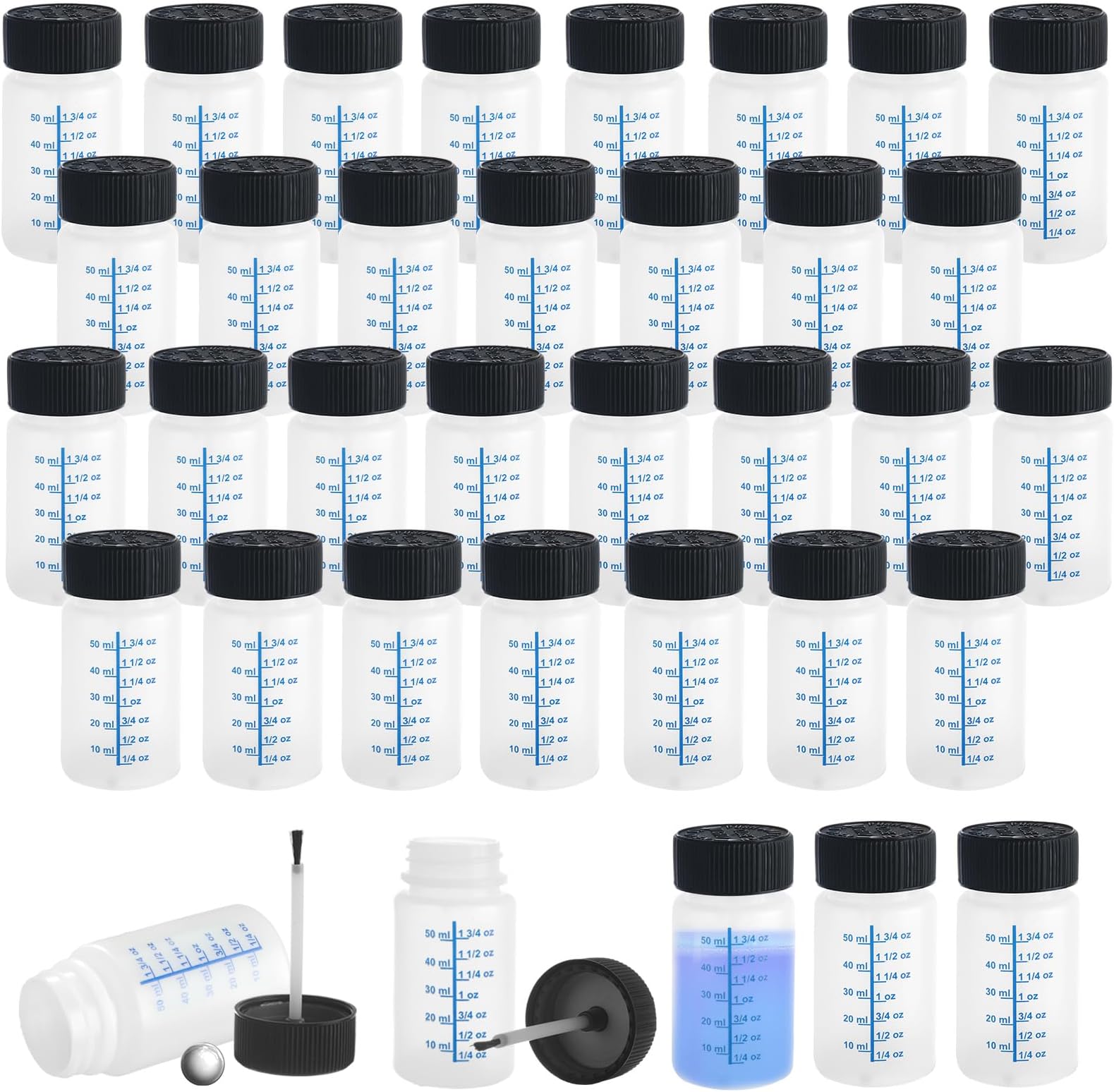 30 Pack 2 Oz Touch Up Paint Container with Safe Lid, Empty Paint Touch Up Bottles with Brush Applicator and Mixing Marble Fluid for Car Scratches Repair Fix Paint Car Damage