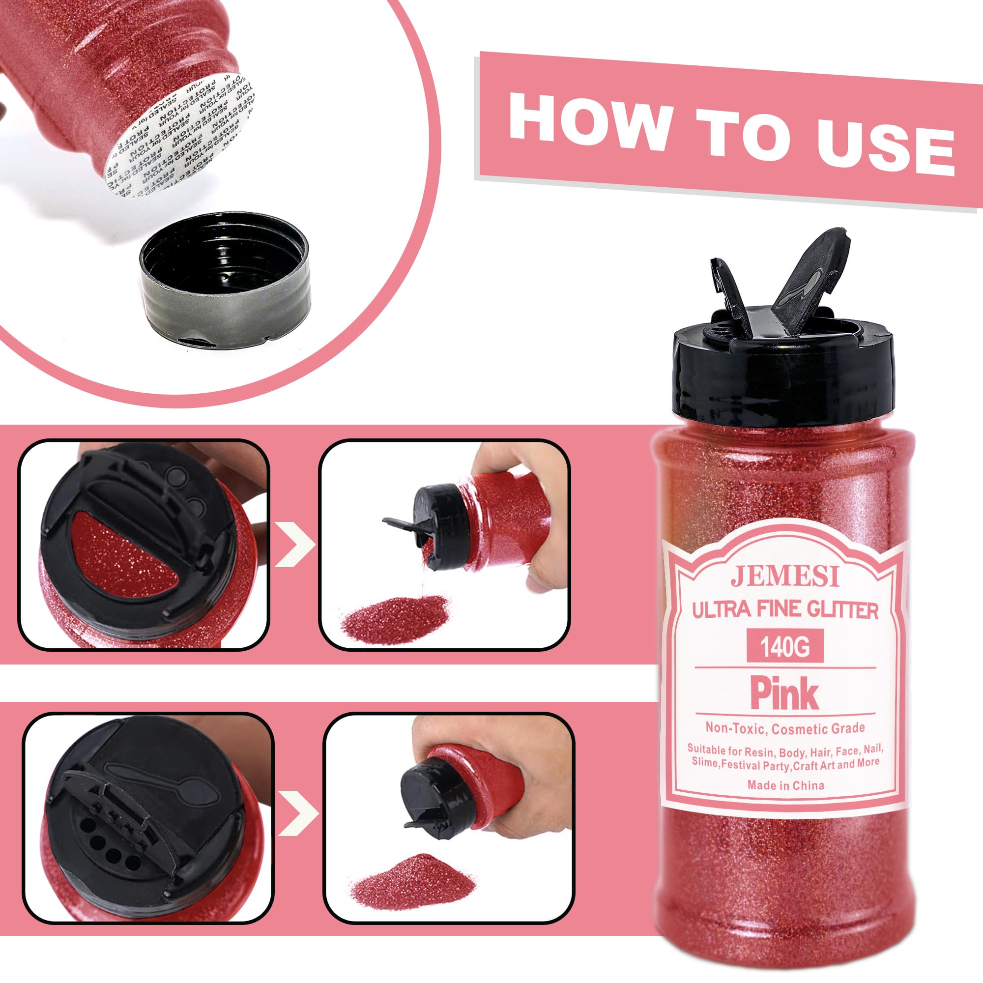 Glitter Olografici Ultrafini, Glitter Di Bellezza, Rosa140g, Adatti Per Capelli, Viso, Corpo, Unghie e Trucco Natalizio. Adatti Anche Per Resina Epossidica, Vetro e Lavori Artigianali.