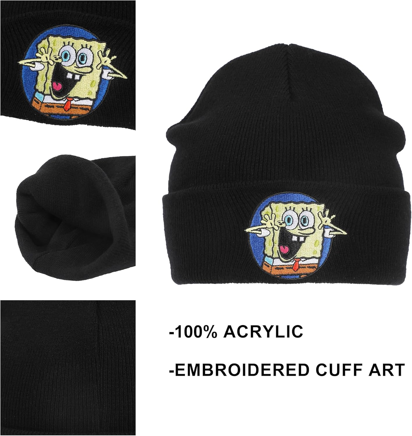Spongebob Square Pants Embroidered Circle Character Patch On Black Cuff Beanie - Image 2