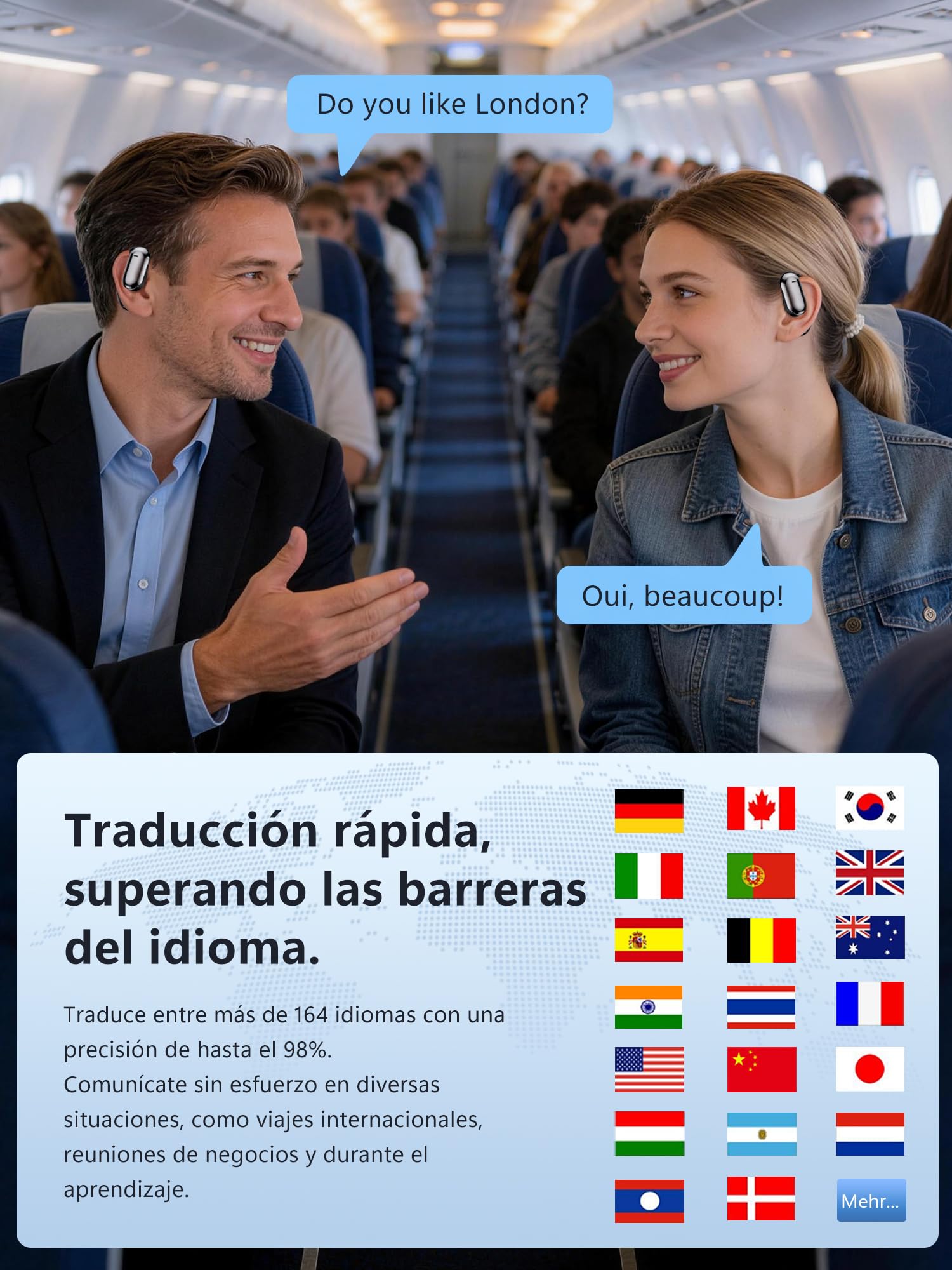 Auriculares Traductor en Tiempo Real IA: 4en1 Traductores Instantaneo de Voz 164 Idiomas - Inalambricos Bluetooth 6.1 Traductor con ENC y APP - 75h Batería Simultaneos para Viajes Reuniones Aprender