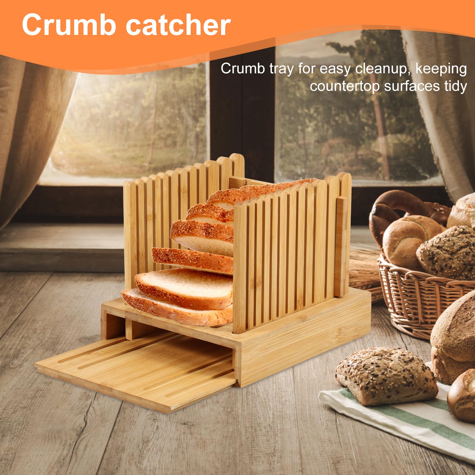 Cortador de Pan de Bambú Con Guía Ajustable de 3 Anchos, Bandeja para Migas y Tabla de Cortar Plegable - Compacto para Pan Casero