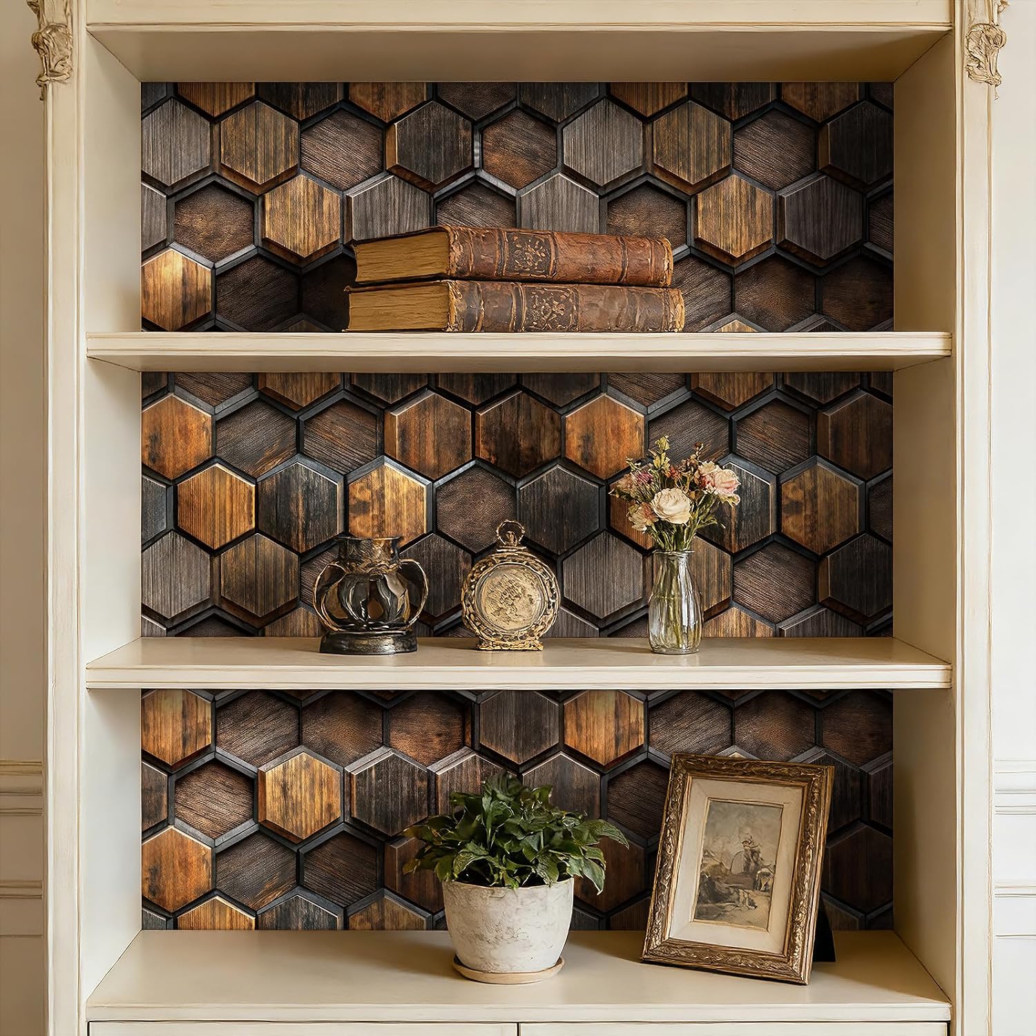 17.5x393 Dark Brown Wood Peel and Stick Wallpaper Log Cabin Wallpaper Decorative Contact Paper Patterns Wood Grain Renter Friendly Backsplash Kitchen Tiles Geometric 3D Wall Covering Accent