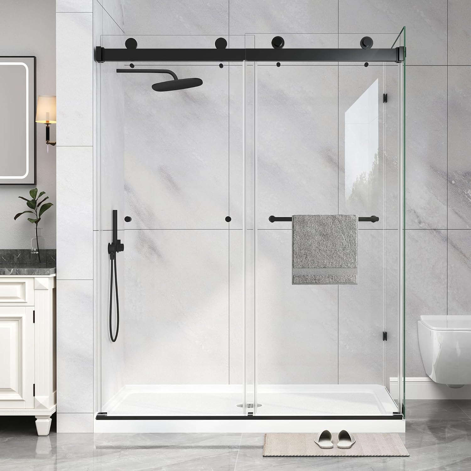 KPUY 43-48”W x 36" D x 76" H Doubel Sliding Coner Shower Enclosure, Frameless Shower Enclosure with Explosion-Proof Film Nano Coating, Matte Black