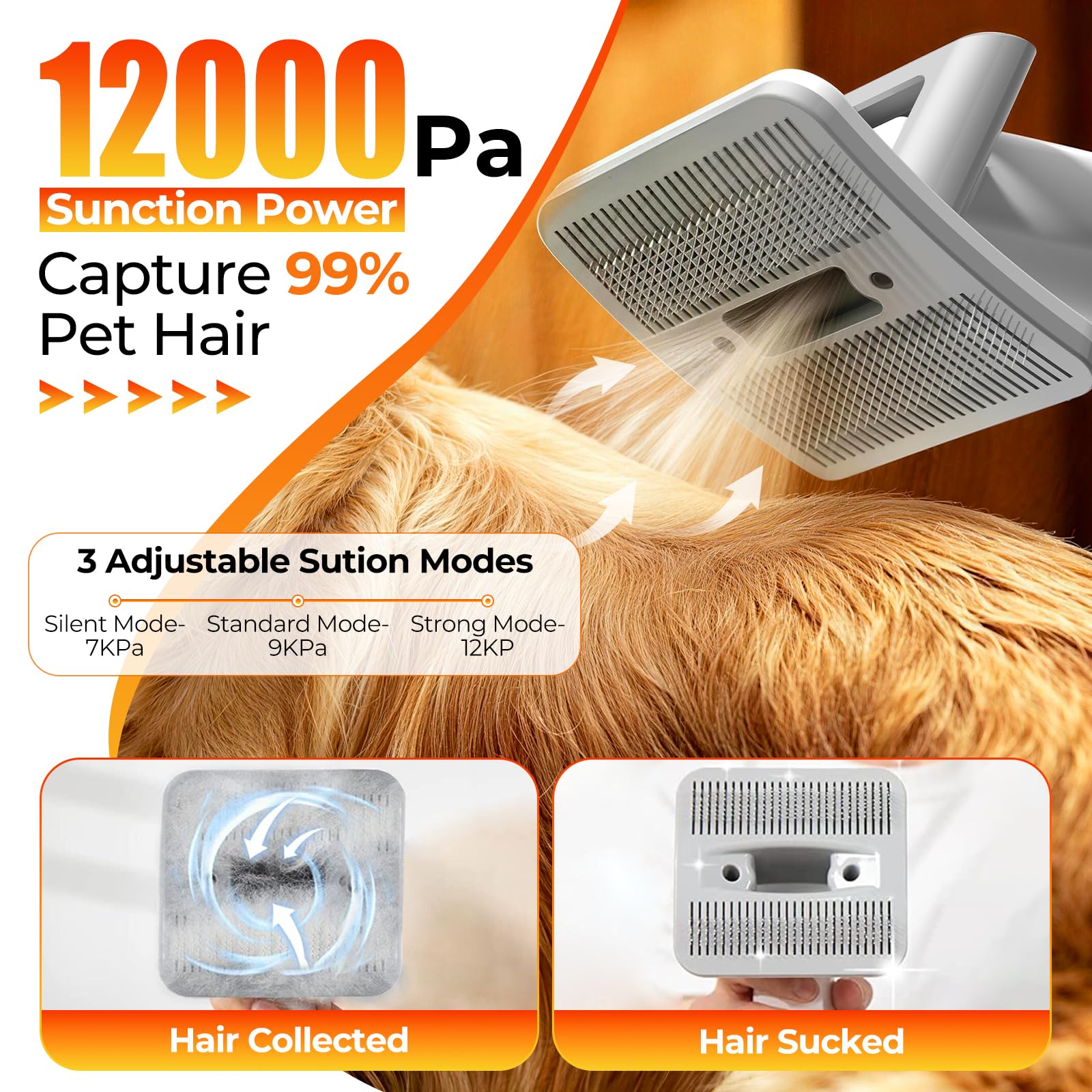 FIXR Kit de aseo para perros con aspiradora, cortadora eléctrica de succión de 12.000 Pa + 6 peines guía + cepillo para desprendimiento + herramientas de limpieza y grietas | Cubo de basura de 2 L |