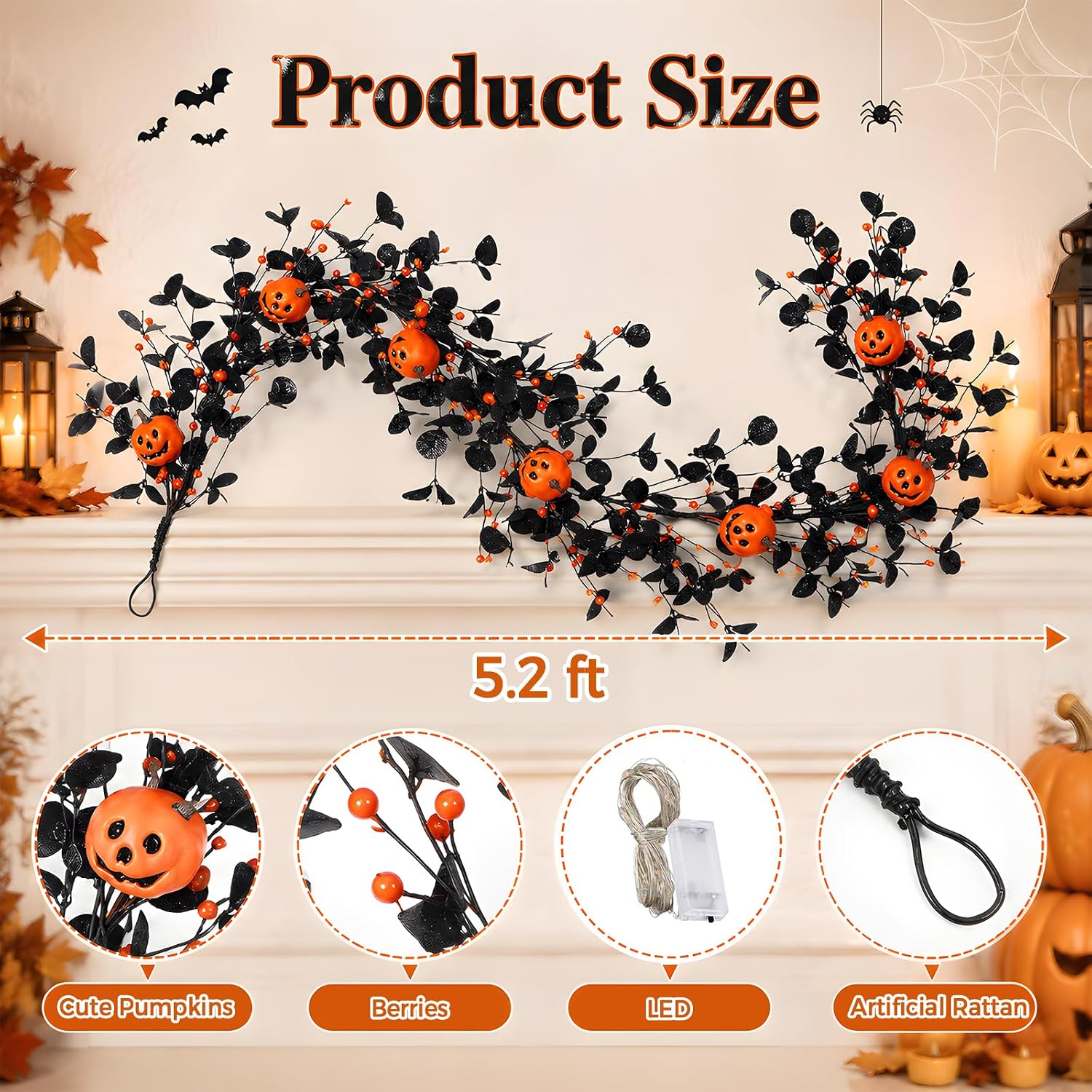 Lighted Halloween Garland for Mantle, Pumpkin Fireplace Decorations