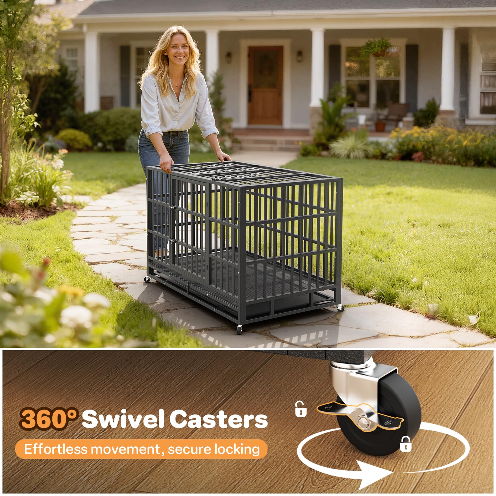 IronovaPets 48 Inch Heavy Duty Dog Crate, Indestructible Escape-Proof Dog Kennel for High Anxiety Large Dogs, Strong Carbon Steel Metal Cage with Double Doors, Lockable Wheels & Removable Tray - image 4