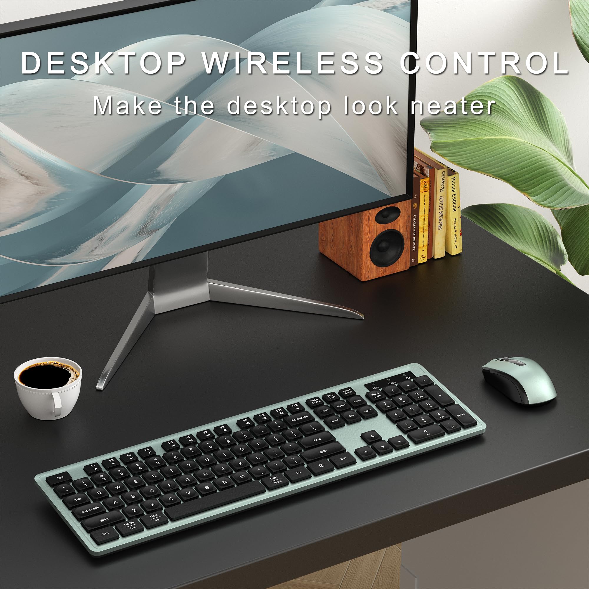 MPTOG Tastiera wireless e mouse combinata, tastiera da ufficio a 104 tasti con 15 tasti funzione, tastiera numerica, ricevitore USB singolo, compatibile con PC e laptop (verde)