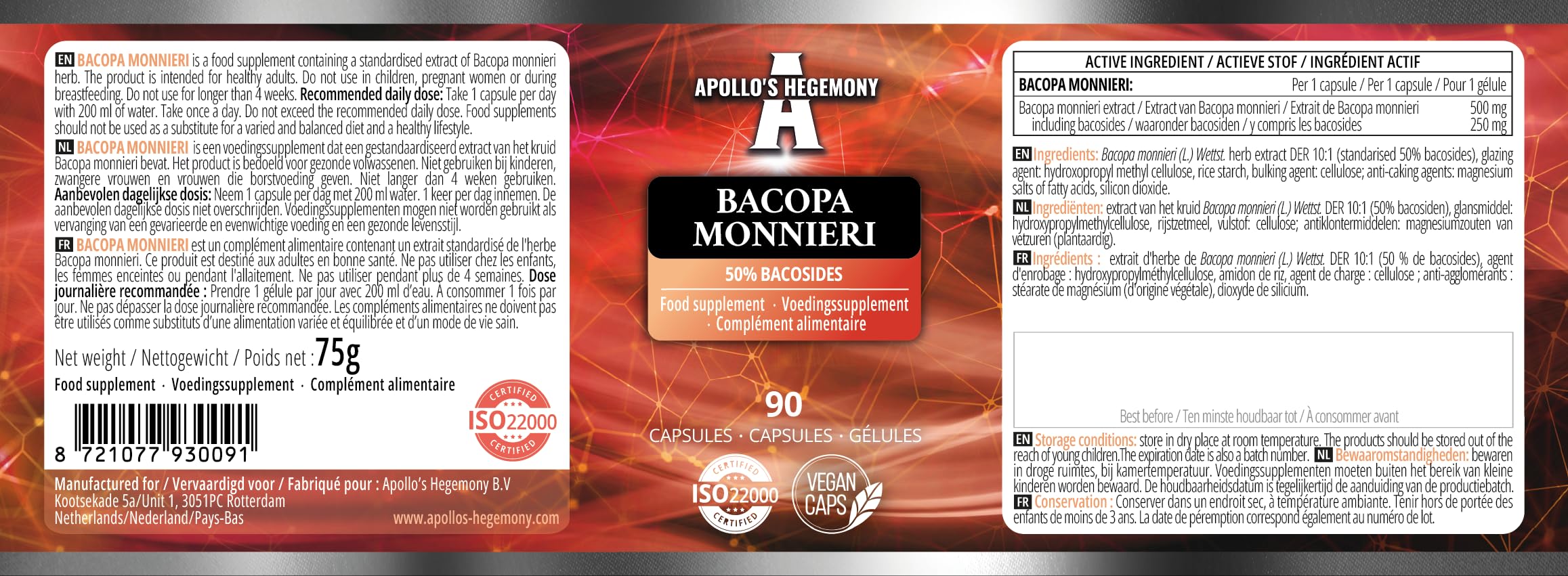 Bacopa Monnieri Extract 500mg, High Strength Brahmi Extract (50% Bacosides), 90 Vegan Capsules, 3 Months Supply, Herbal Supplements for Enhanced Mental Clarity and Focus by Apollo's Hegemony