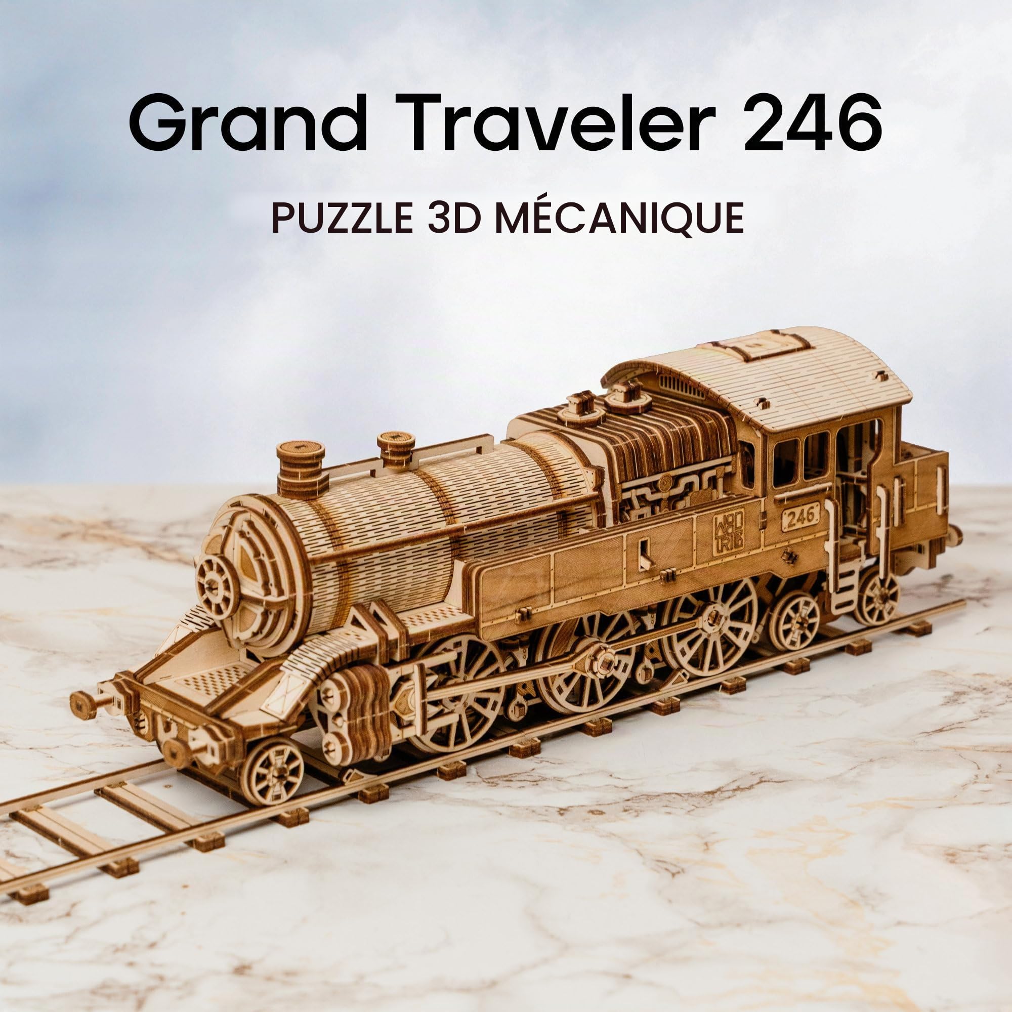 Wood Trick Grand Traveler Train Puzzle 3D en Bois pour Adultes à Construire | [410 Pièces] Roule Jusqu'à 6,1 m - Kit de Maquette Mécanique de Locomotive en Bois DIY à Construire pour Adultes