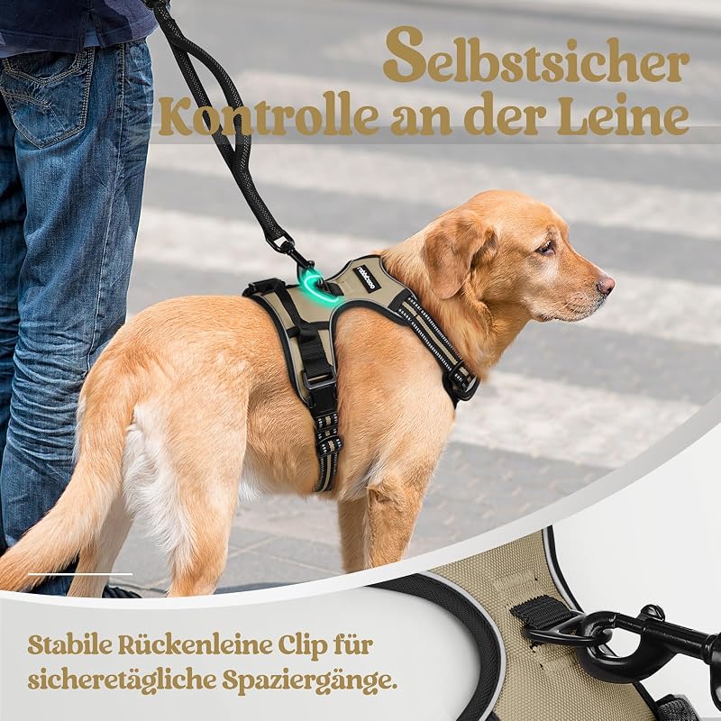 Ham pentru câini rabbitgoo No Pull, mărimea S, ham reglabil pentru piept, respirabil, cu control anti-tragere, benzi reflectorizante, kaki, pentru plimbări