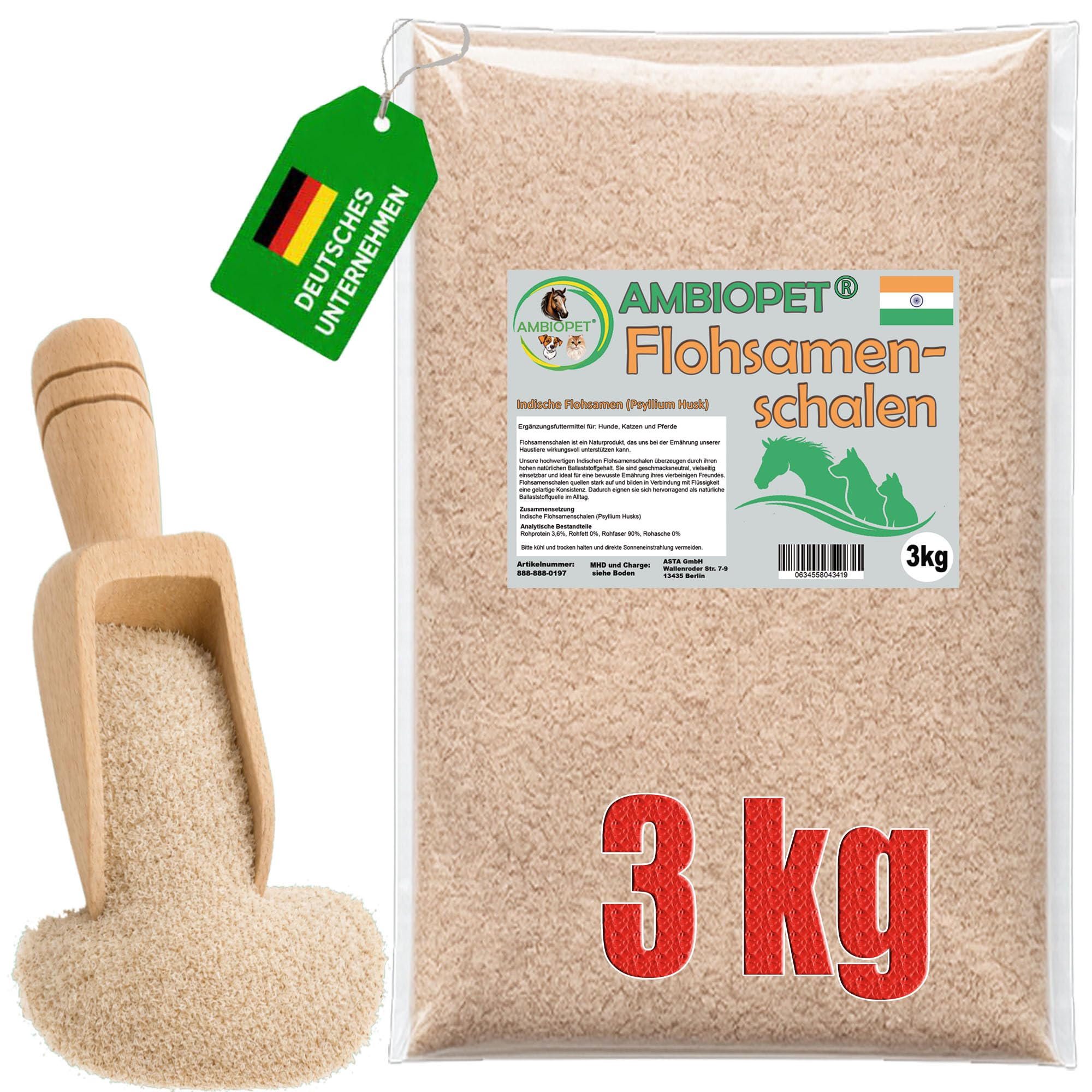 Flohsamenschalen (Psyllium Husks) gemahlen im 3kg Beutel, eine natürliche, geschmacksneutrale Ballaststoffquelle für den täglichen Bedarf von Hund, Katze und Pferd