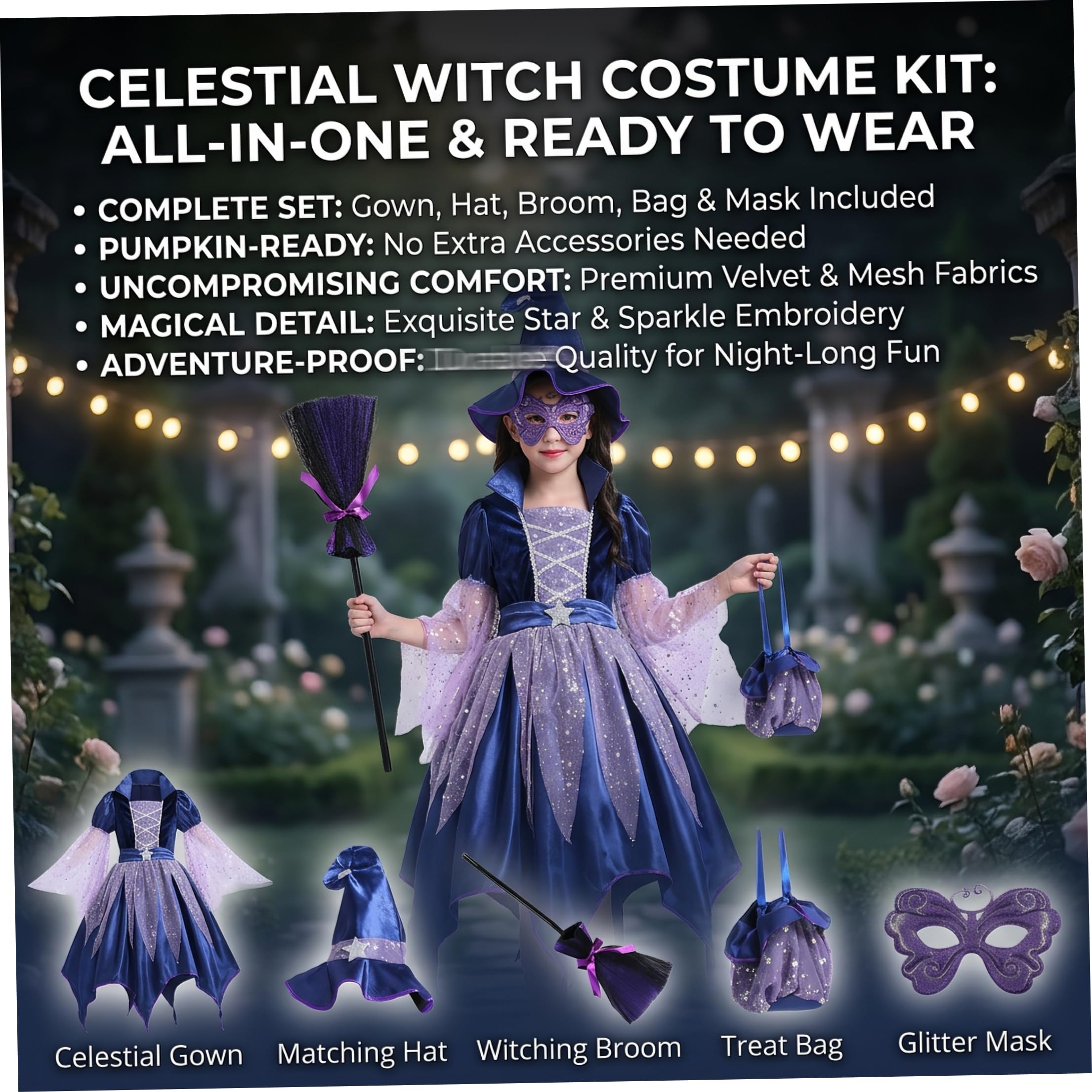 Costume da strega per ragazze, 1 set Costume da strega in velluto glitterato con rete, per Halloween Dress Up, M
