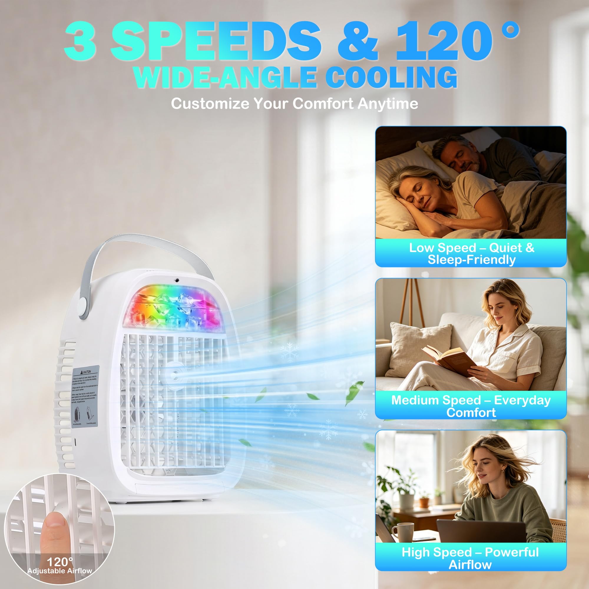 Climatiseur Mobile 1100ML, Mini Rafraîchisseur d’Air 4 en 1 avec Télécommande, Ventilateur Brumisateur USB, 2 Modes Brume, 3 Vitesses, Minuteur 1H/2H/4H, Veilleuse LED, pour Chambre Bureau Camping