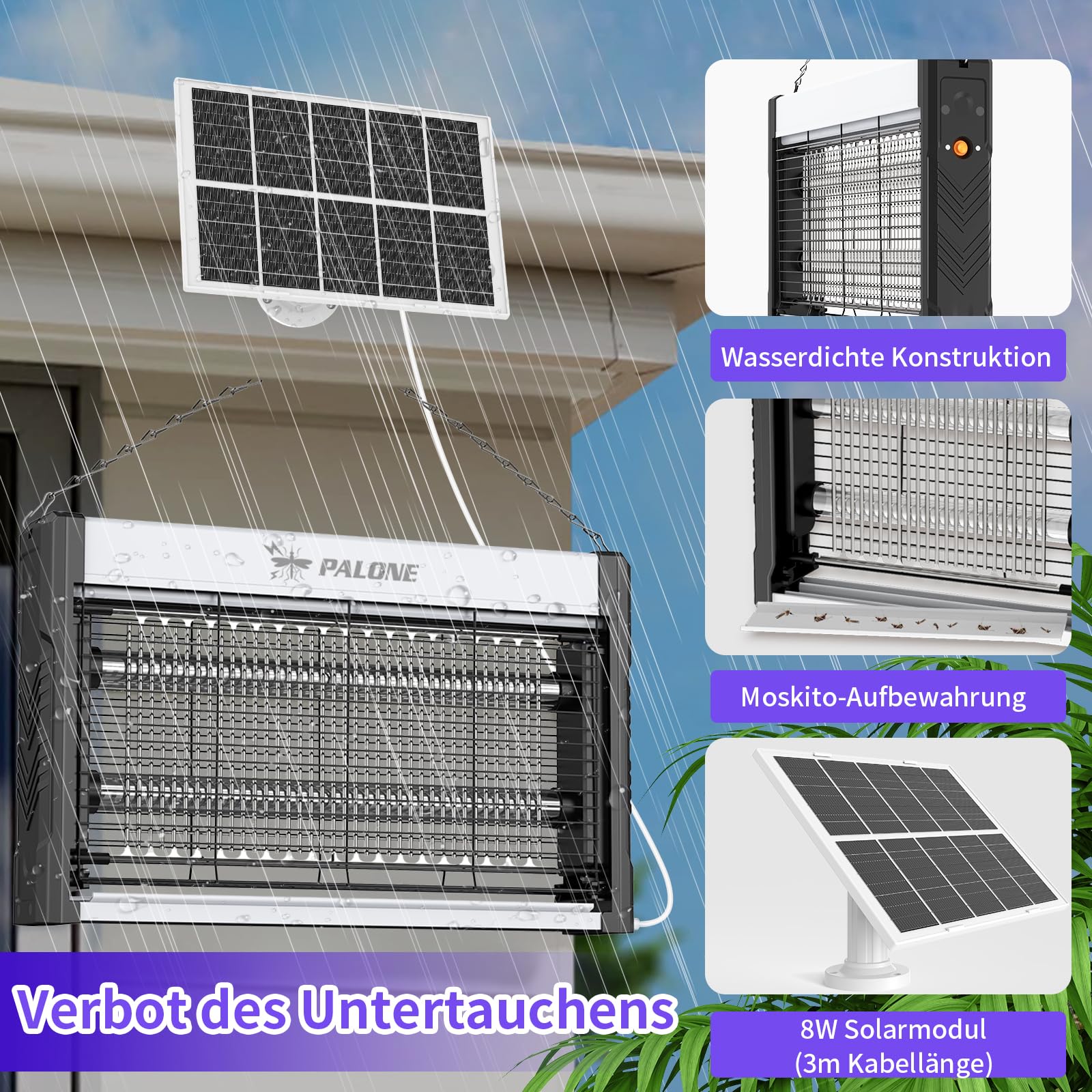 PALONE Elektrischer Insektenvernichter Solar, 3600mAh 4000V USB Insektenvernichter Elektrisch Mit Solarpanel, 2 LED UV-Licht, Tragbar & Effektiv für Innen und Außenbereich