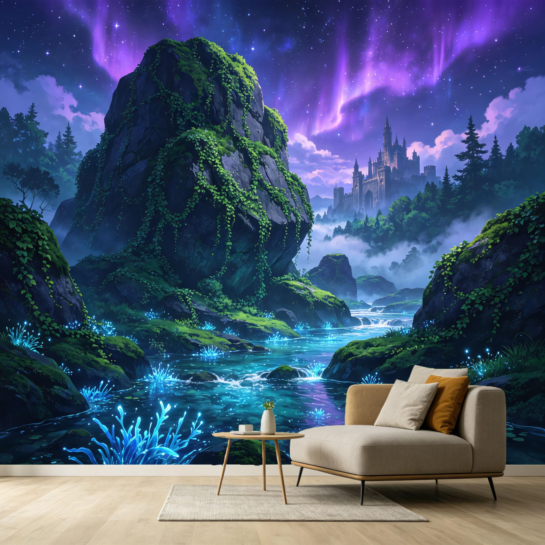 Custom Size Wall Murals Aurora Borealis Night Sky Medieval Castle River Stones SelfAdhesive Wall Fabric Removable Large Wallpaper for Photo Living Room Bedroom