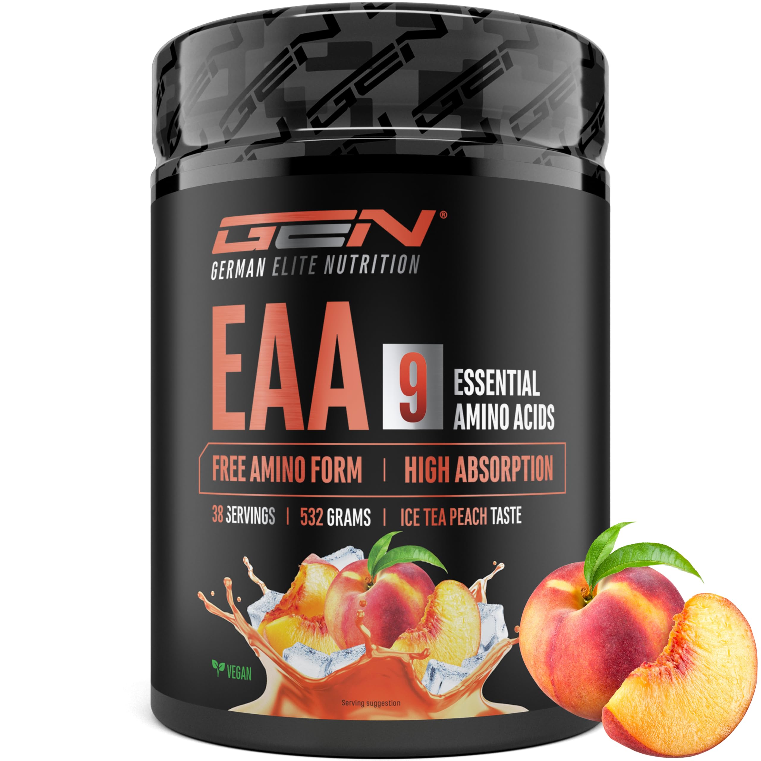 GEN GERMAN ELITE NUTRITION EAA Pulver - 532 g - 9 essentielle Aminosäuren | Ice Tea Peach, Human Code Formel, inkl. Histidin & BCAA, 10 g EAA pro Portion