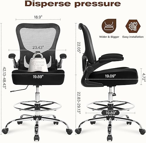 Vista 2 de Silla de dibujo de 400 libras, silla de oficina alta con soporte lumbar ajustable y anillo reposapiés, cómodo cojín grueso en forma de W extra