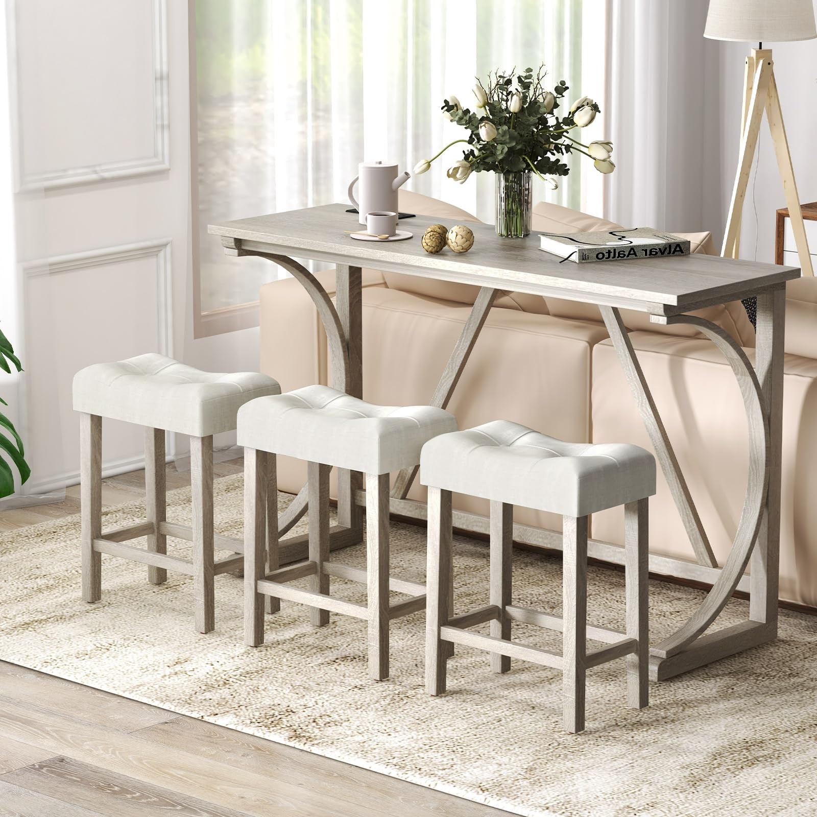 COSTWAY 4 Piece Bar Table Set with Power Outlet, Counter Height Kitchen Table and 3 Upholstered Saddle Stools Set, Dining Room Furniture for Home Restaurant Pub — view 9