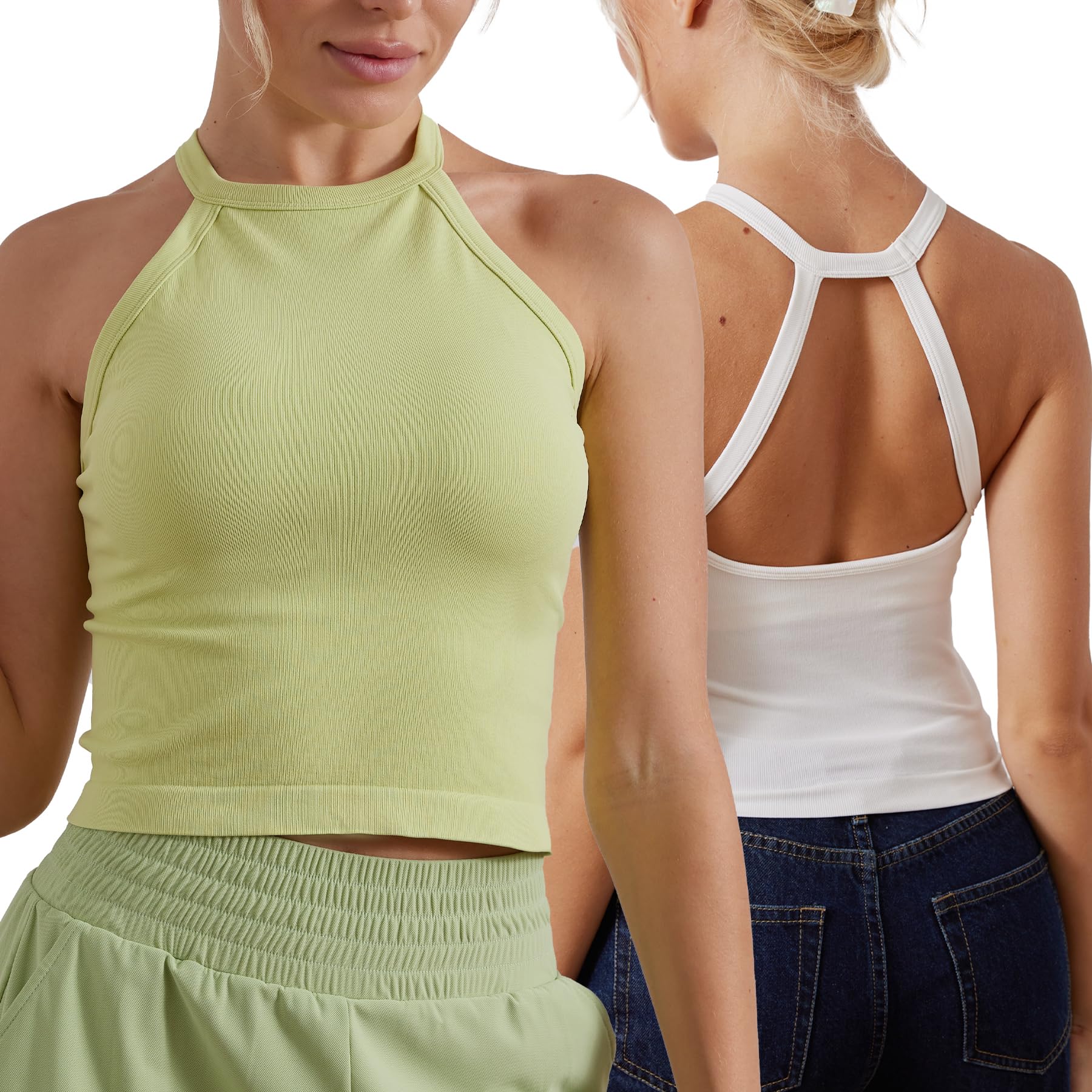 Homma Women's 2 Pack Crop Tops with Built-in Bra Halter Neck Basic Camisole Tops