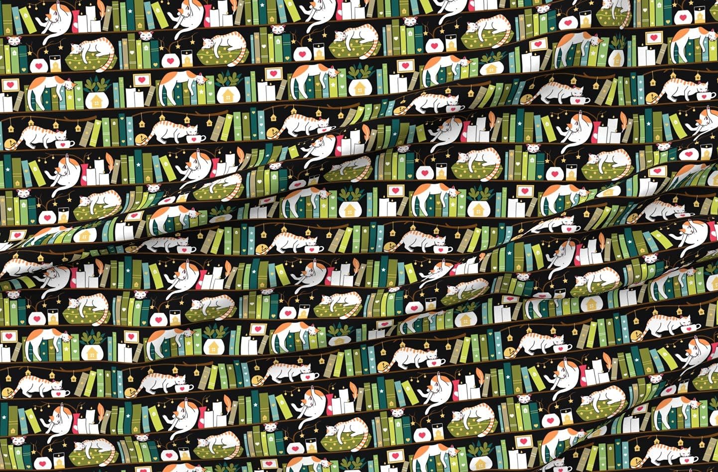 Spoonflower Fabric - Library Cats Cat Book Candle Bookshelf Hygge Books Cute Home Pet Printed on Organic Cotton Sateen Fabric by The Yard - Sewing Quilting Apparel Home Decor