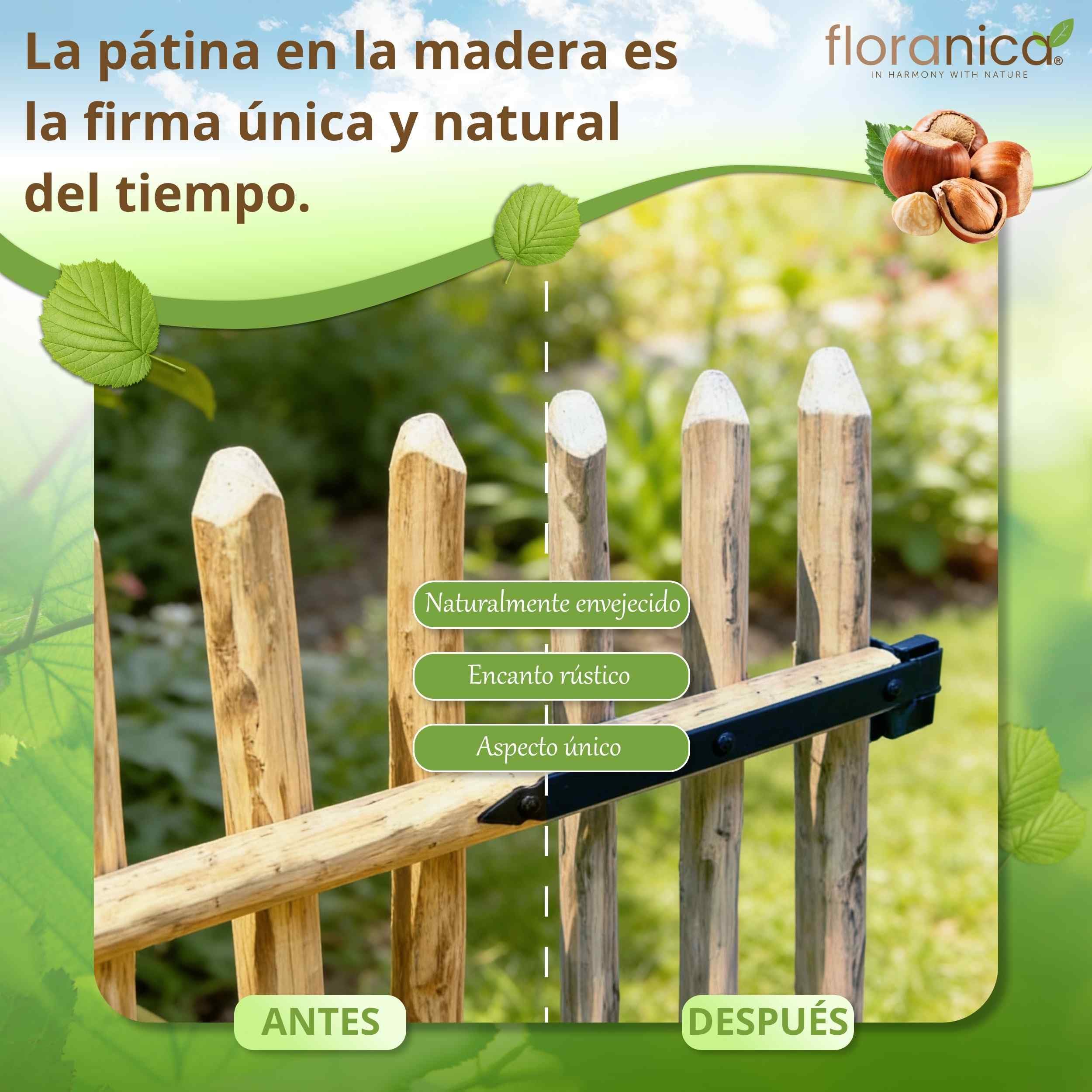 Floranica Puerta de jardín de madera de avellano para valla de estacas Altura 115 cm x 100 cm 1 hoja – lista para instalar incl. bisagras