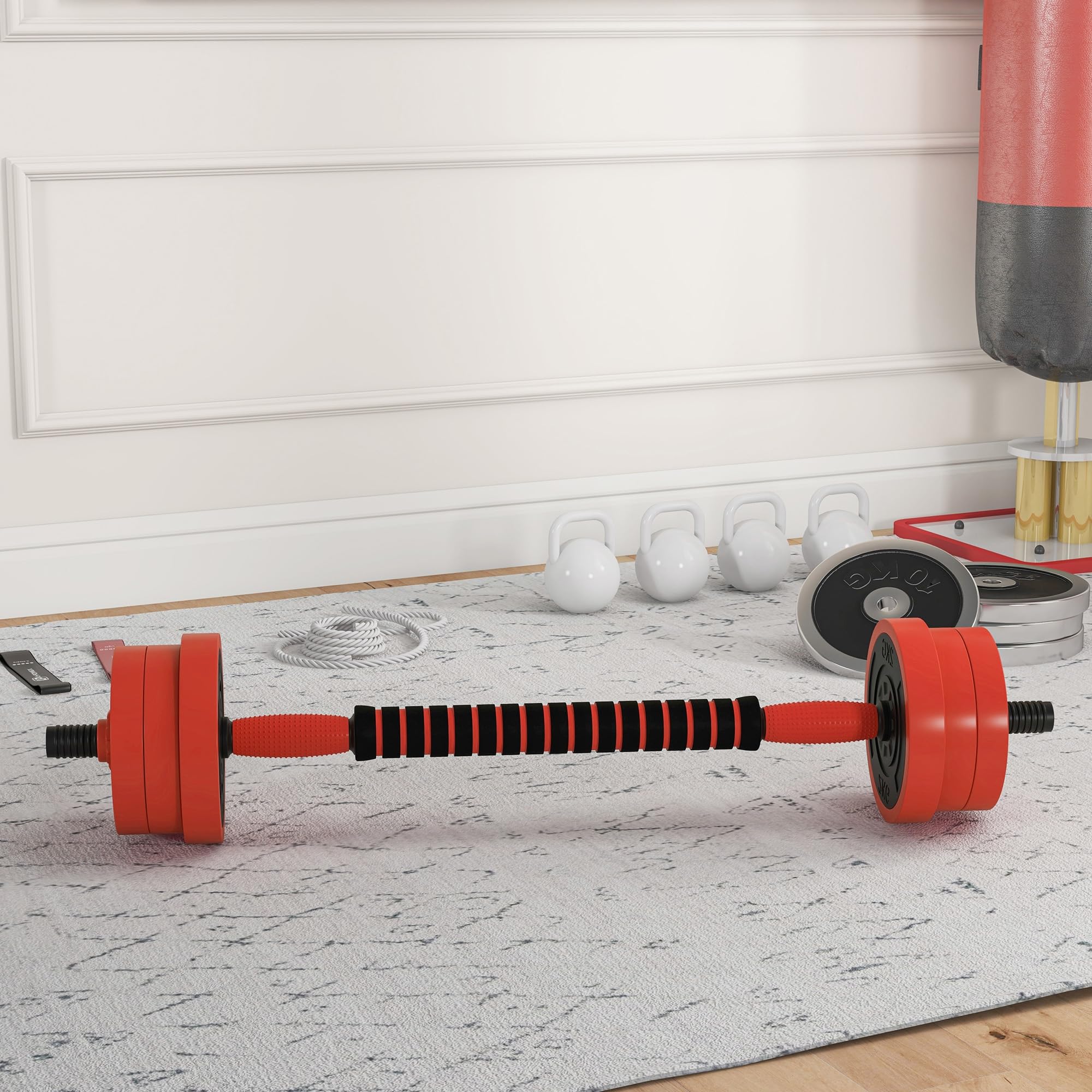 SPORTNOW hantle do treningu siłowego 4 w 1, regulowane hantle, 20 kg, z krążkami i prętami, klamrami zabezpieczającymi, powłoką z tworzywa sztucznego, do sprzętu fitness, sprzętu domowego, czerwone